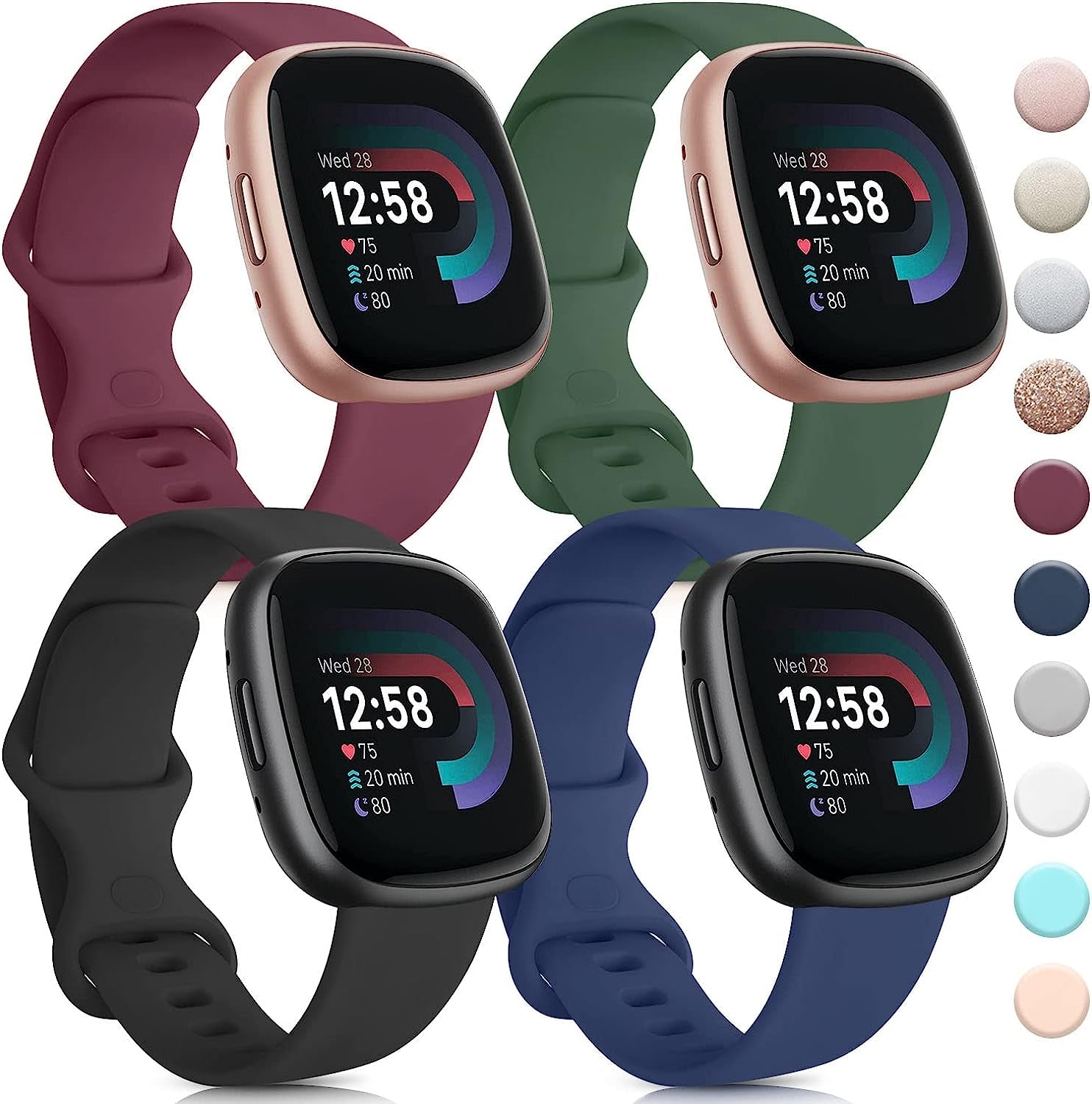 4 PACK Bands Compatible with Fitbit Sense 2 / Sense Bands/ Fitbit Versa 4/ Versa 3 Bands Women Men, Classic Soft Silicone Straps for Fitbit Sense 2 / Sense / Versa 4 / Versa 3 Smart Watch  AK Wine Red/Olive Green/Navy Blue/Black Large 