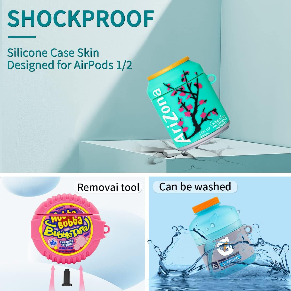 3-Pack Cute Airpods Case for Airpod 2/1, Kawaii 3D Cartoon Funny Airpods Cover Food Design Fashion Silicone Case for Airpods 1&2 Charging Case for Girls Boys Kids (Sport Water+Bubble Gum+Green Drinks)  ZOICIP   