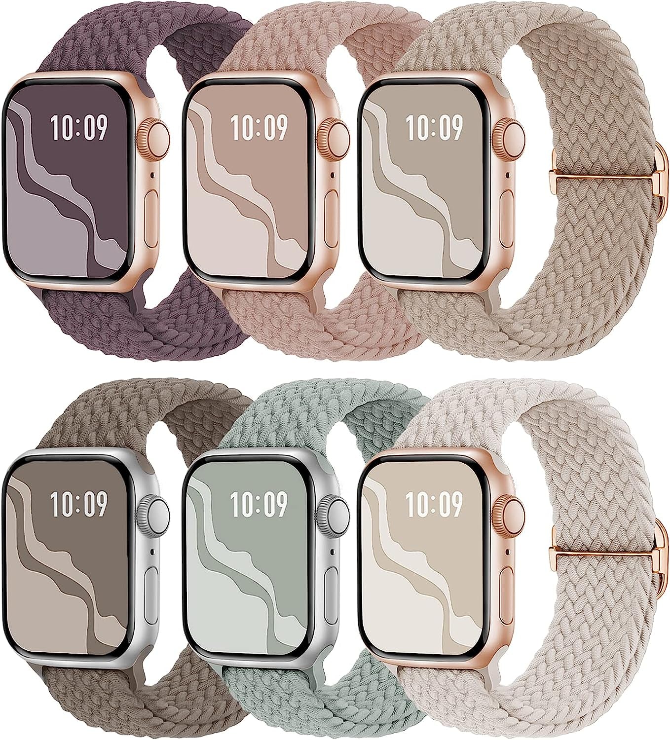 6 Pack Braided Solo Loop Compatible with Apple Watch Band 38Mm 40Mm 41Mm 42Mm 44Mm 45Mm 49Mm for Women Men, Stretchy Nylon Elastic Straps Wristbands for Iwatch Series Ultra SE 8 7 6 5 4 3 2 1  Suitisbest SmokeVioket/LightGreen/MilkTea/NudePink/Stone/Starlight 42/44/45/49mm 