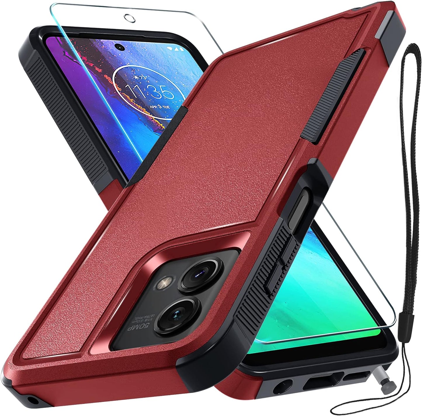 For Motorola Moto G Stylus 5G 2023 Case [Not Fit 4G or 2022 Version], Heavy Duty Rugged Shockproof Protective Phone Cover with Lanyard Strap and Tempered Glass Screen Protector,2023 Navy Blue  RMOCR Red Moto G Stylus 5G (2023 Released) 