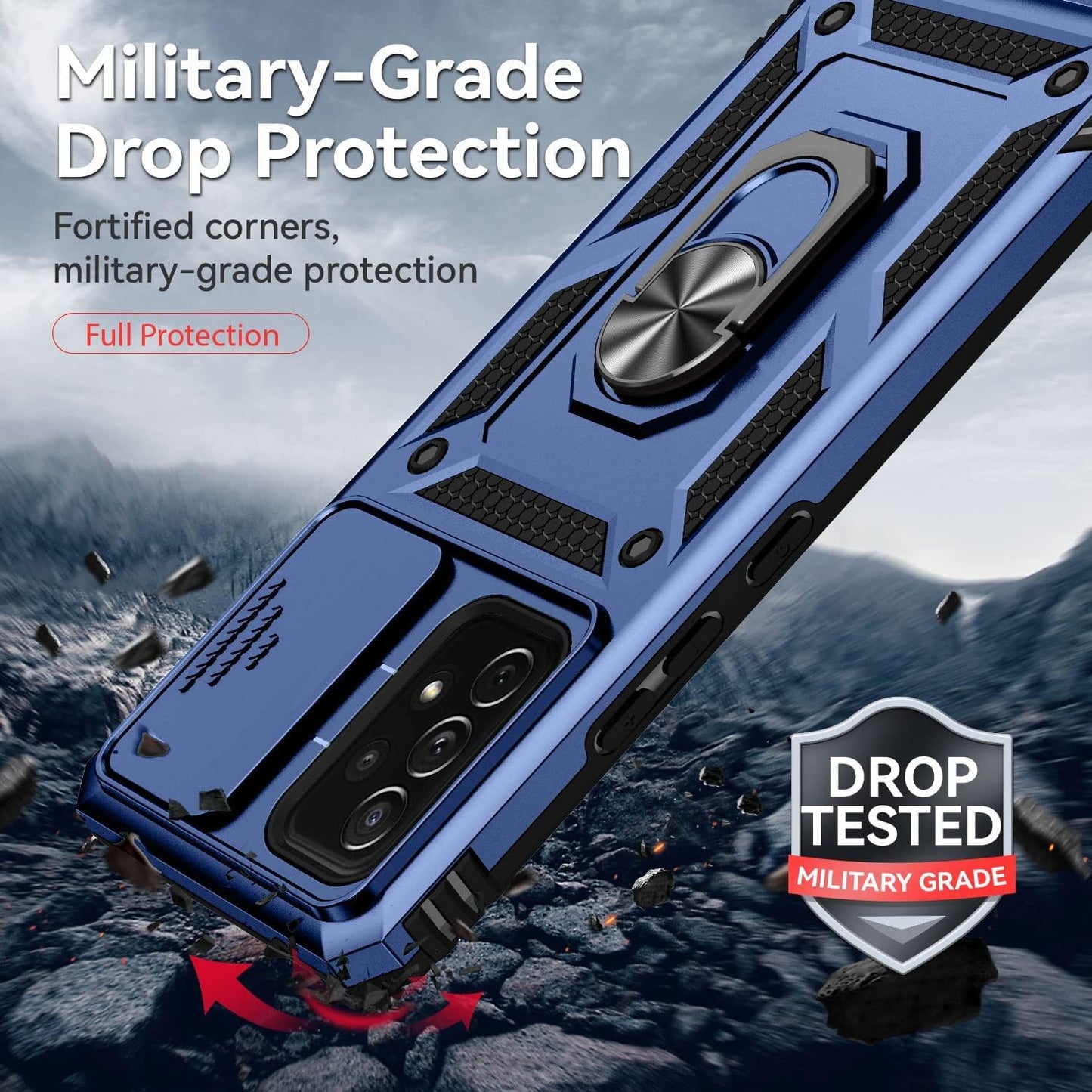 Samsung Galaxy A53 5G Case Built in Slide Camera Lens Cover and Screen Protector,Heavy Duty Shockproof Full Body Protective Phone Cover,Built in Finger Ring Stable Holder Kickstand,2022 Blue  Janmitta   