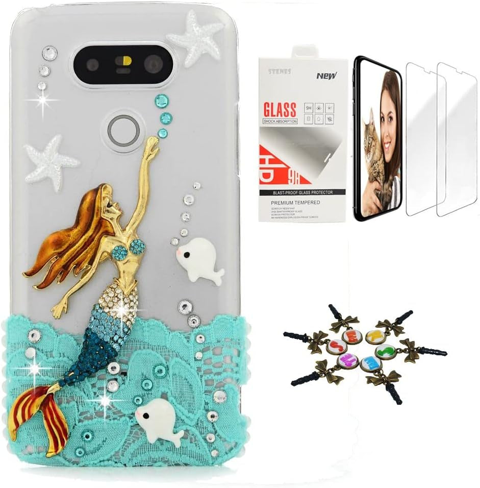 STENES Bling Case Compatible with LG Aristo 2 - Stylish - 3D Handmade [Sparkle Series] Agate Butterfly Fairy Mask Design Cover with Screen Protector [2 Pack] - Colorful  STENES Mermaid Dolphin Starfish / Blue Design For Lg Velvet 5G Case 