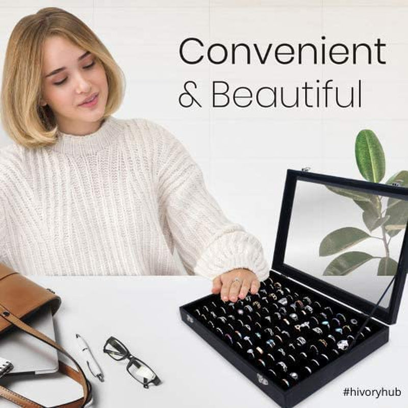 Ring Organizer Box with Transparent Lid ~ Ring Holder Showcase for Store Display, Jewelry Show & Home ~ Jewelry Tray Organizer for Rings, Studs & Earrings (Black)  Hivory   