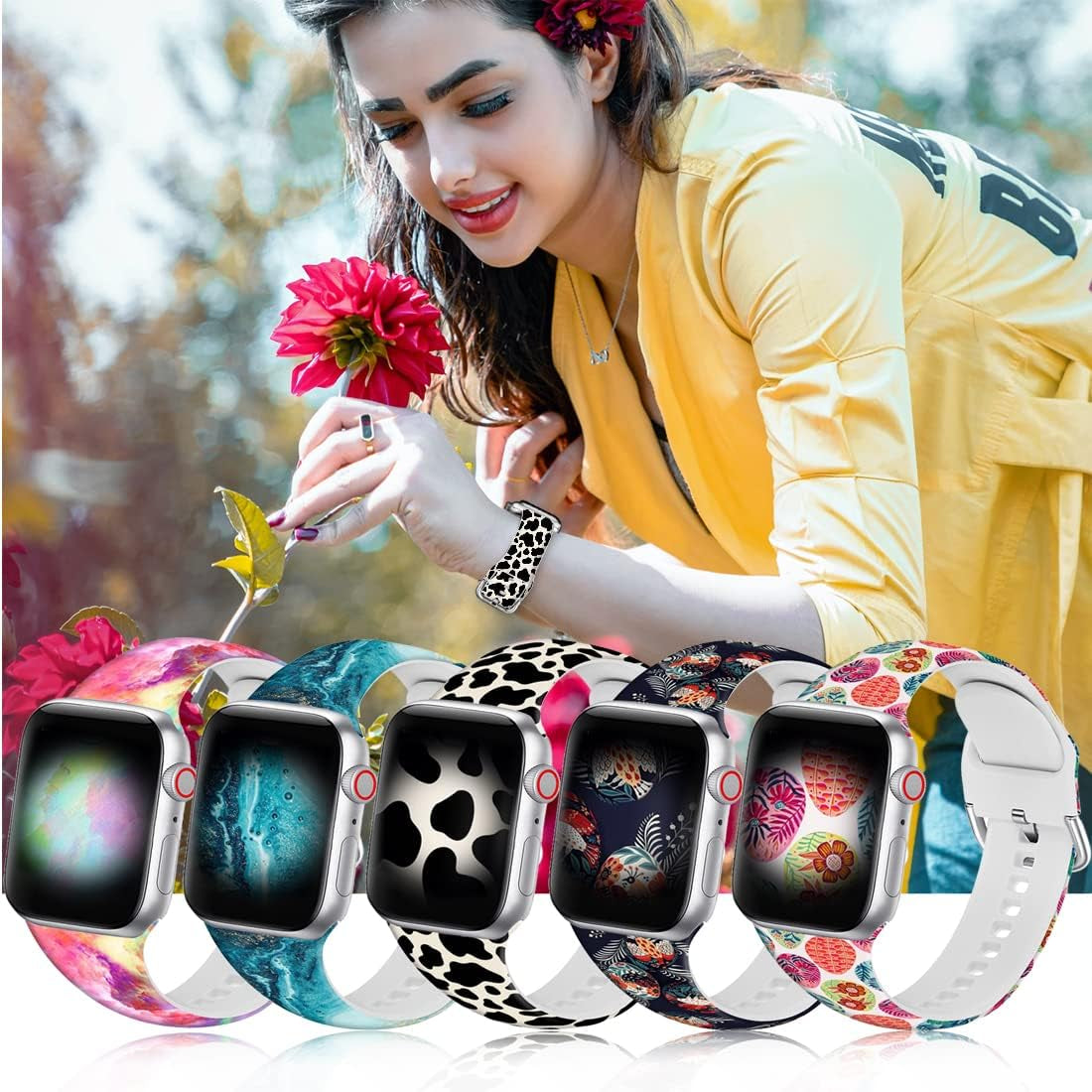 LAACO Silicone Sport Bands Compatible with Apple Watch 49Mm 45Mm 44Mm 42Mm 41Mm 40Mm 38Mm for Women Men Girls, Floral Design Replacment Strap for Iwatch SE Utral/Series 8/7/6/5/4/3/2/1  LAACO   