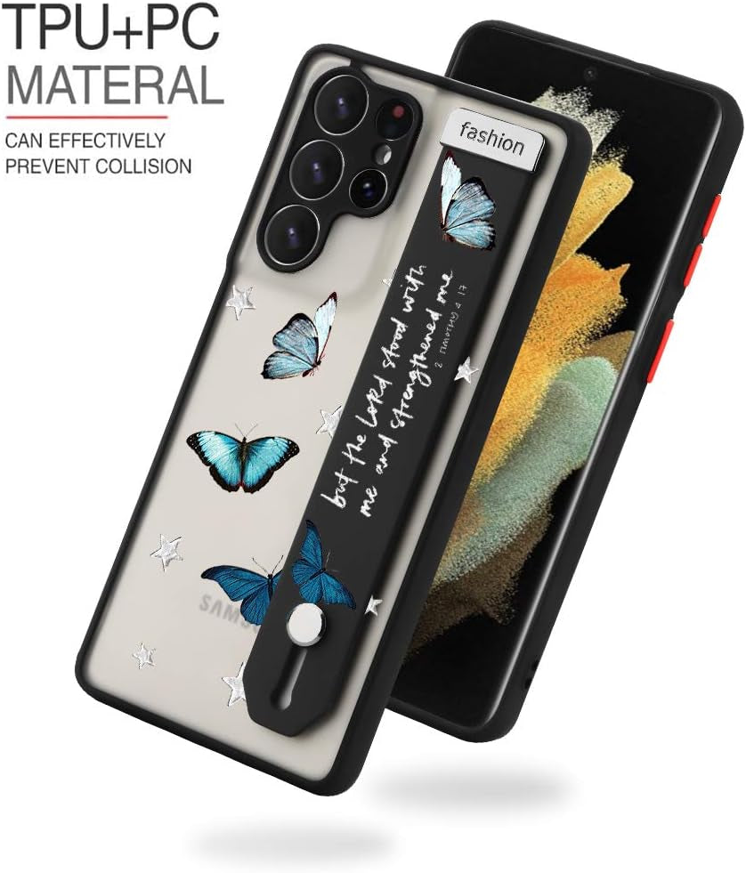 AIGOMARA Compatible Samsung Galaxy S21 Ultra Case with Strap Kickstand Butterflies Shockproof Protection Soft TPU and Hard PC Anti-Scratch Cover for S21 Ultra  AIGOMARA   