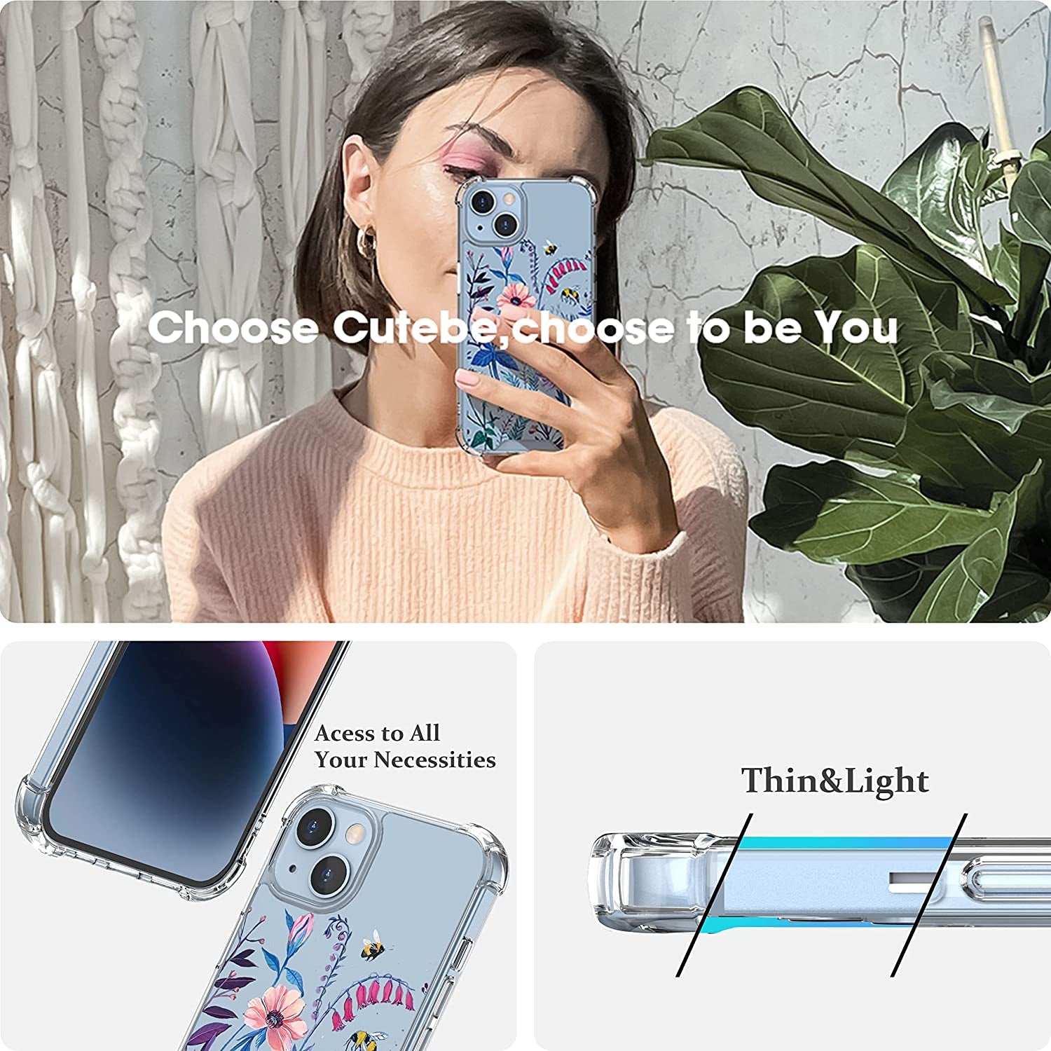 Cutebe [3 in 1 Crystal Phone Case for Iphone 13(2021)/Iphone 14(2022) 6.1", Cute Protective Cover with 9H Temper Glass Screen Protector + HD Temper Camera Lens Protector for Women, Girls  Cutebe   