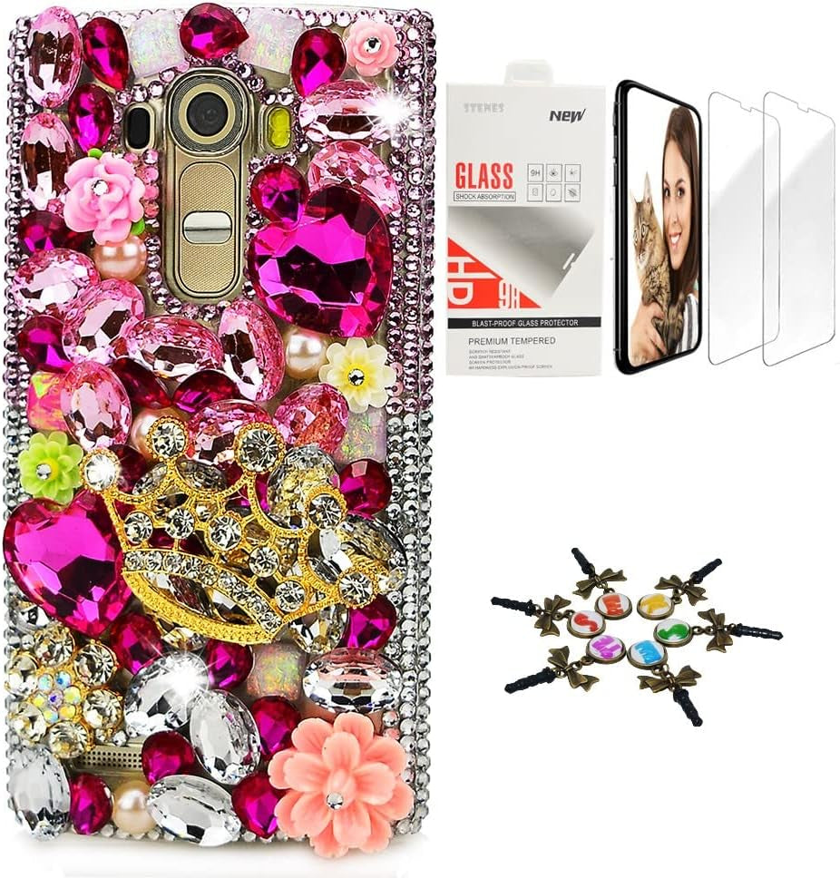 STENES Bling Case Compatible with LG G6 / LG G6 plus - Stylish - 3D Handmade [Sparkle Series] Pretty Butterfly Bowknot Rose Flowers Design Cover with Screen Protector [2 Pack] - Colorful  STENES Big Crown Sexy Flowers / Pink Design For Lg G6 / Lg G6 Plus 