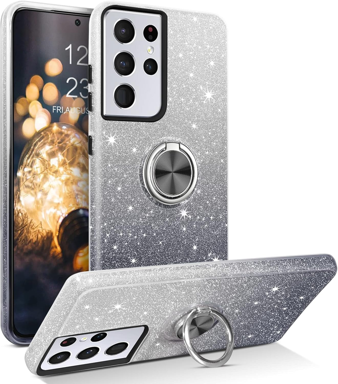 BENTOBEN Compatible with Samsung Galaxy S21 Ultra Case, Slim Fit Glitter Sparkly 360° Ring Holder Kickstand Magnetic Protective Girls Women Cover for Samsung Galaxy S21 Ultra 6.8“, Black  BENTOBEN   