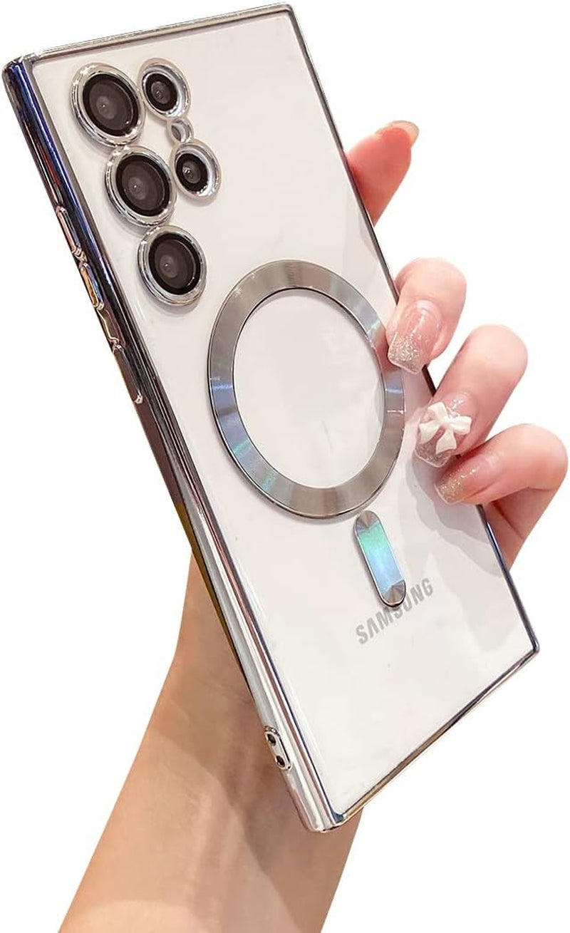 Threehundred for Samsung Galaxy S22 Ultra Case Magnetic Clear with Camera Lens Protector Full Protection Magsafe Electroplated Silicone Slim Fit Shockproof Protective Case Cover 6.8 Inch - Lavender  Threehundred Silver  