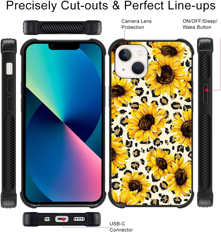 Wlxee Compatible with Iphone 13 Case for Women Girls Leopard Sunflower Print Soft TPU Hard Back Shockproof Non-Slip Anti-Scratch Protective Durable Slim Cover Case for Iphone 13  Wlxee   