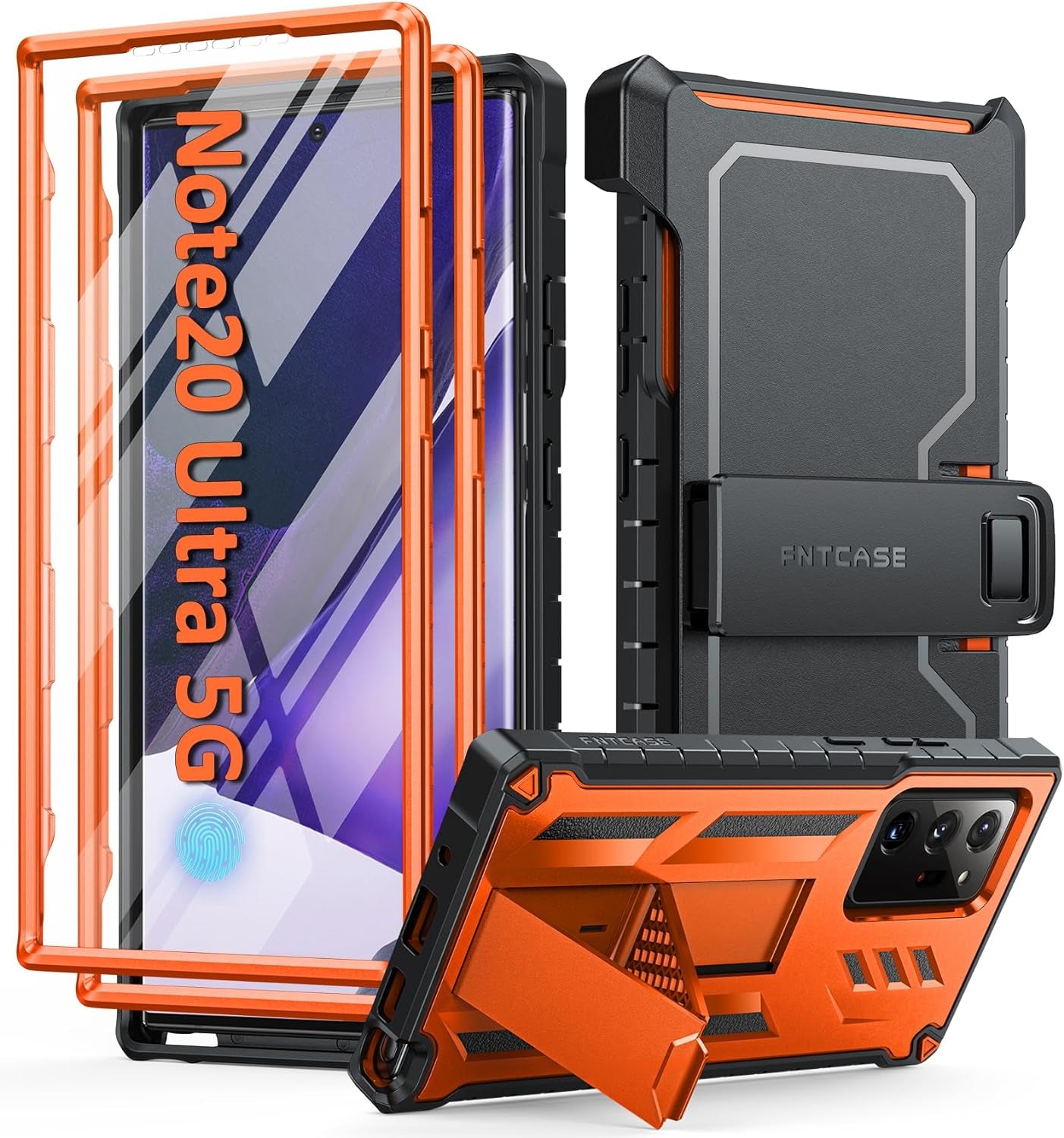 FNTCASE for Samsung Galaxy Note-20-Ultra Case: with Belt-Clip Holster & Built-In Screen Protector & Kickstand, Full-Body Dual Layer Rugged Heavy Duty Shockproof Protective Cell Phone Cover 5G-Black  FNTCASE Orange  