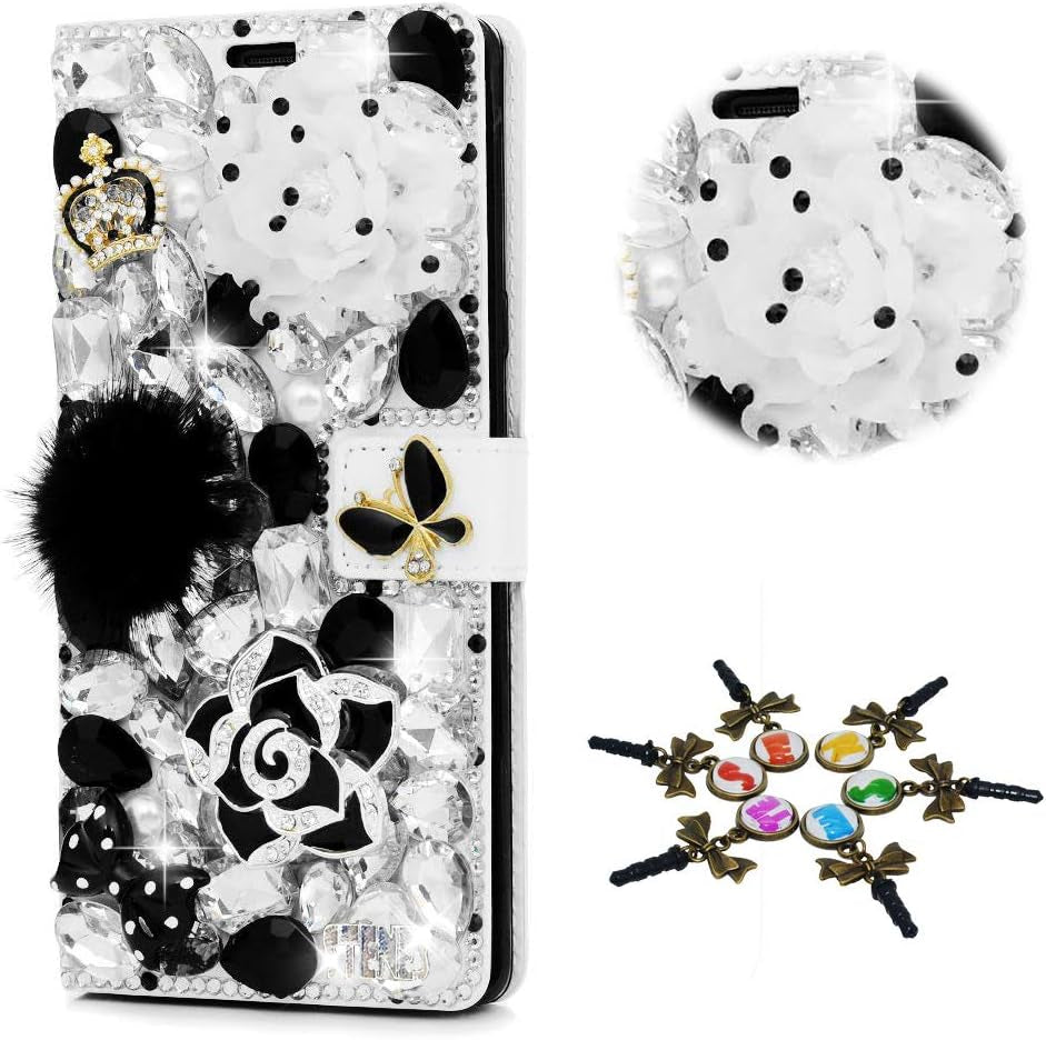 STENES Bling Case Compatible with LG V30 - Stylish - 3D Handmade Pretty Sunshine Flower Butterfly Design Magnetic Wallet Leather Cover Compatible with LG V30 / LG V30 plus - Purple  STENES Camellia Flowers Crown Bowknot / Blackwhite  