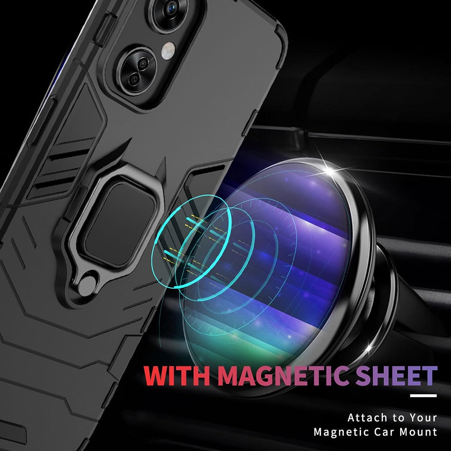 Jusy Oneplus Nord N30 5G Case with 2 Screen Protector, Protective Phone Cover with Kickstand, Ring and Magnetic Plate, Tempered Glass Protectors for 1+ Nord N30 5G(Black)  Jusy   