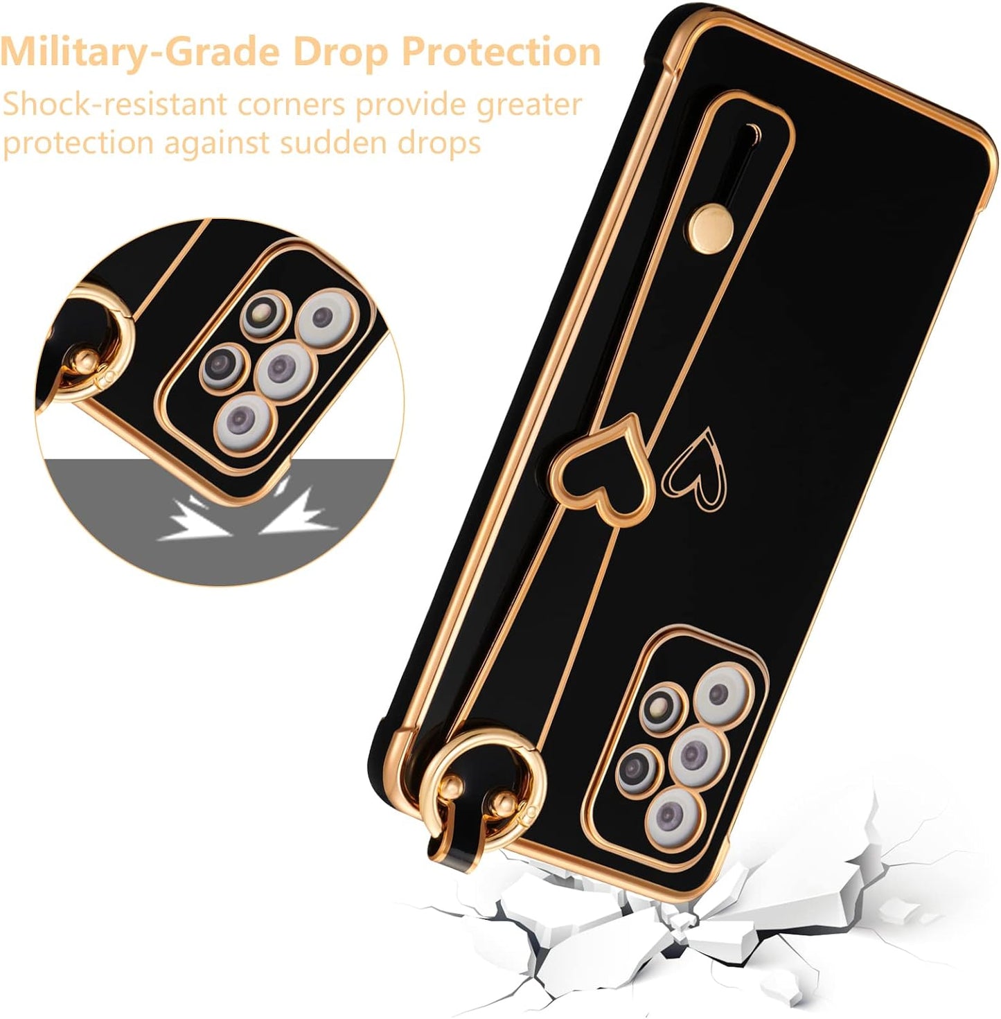 ZTOFERA Samsung Galaxy A53 5G Case with Kickstand,Luxury Cute Plating Edge Love Hearts Pattern Wrist Strap Finger Holder for Girls Women,Soft Shockproof Cover for Galaxy A53 6.5",Black  ZTOFERA   