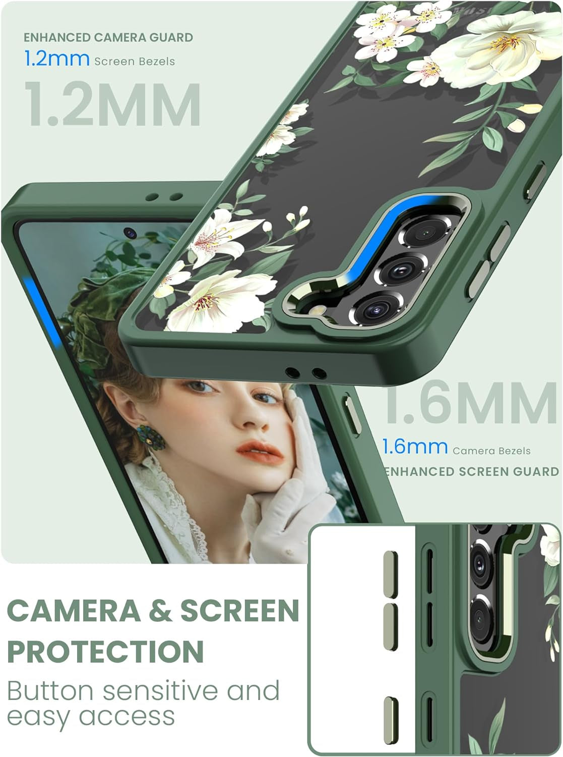 Dretal for Samsung Galaxy S21 5G Case Floral, Military Grade Drop Tested Hard Back & Soft Edge Slim Flower Women Girls Phone Protective Cover + Tempered Glass Screen Protector for Galaxy S21（Green  Dretal   