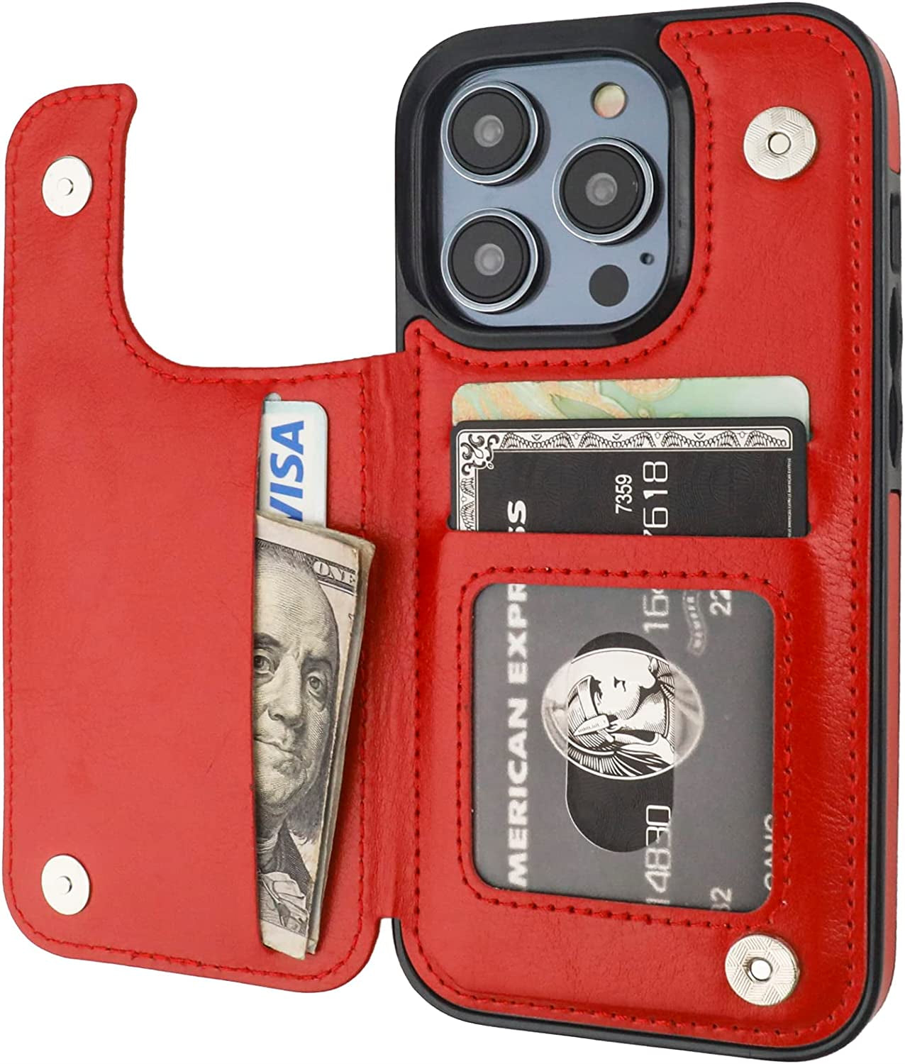 Onetop Compatible with Iphone 14 Pro Wallet Case with Card Holder, PU Leather Kickstand Card Slots Case, Double Magnetic Clasp and Durable Shockproof Cover 6.1 Inch (Brown)  Onetop Red  