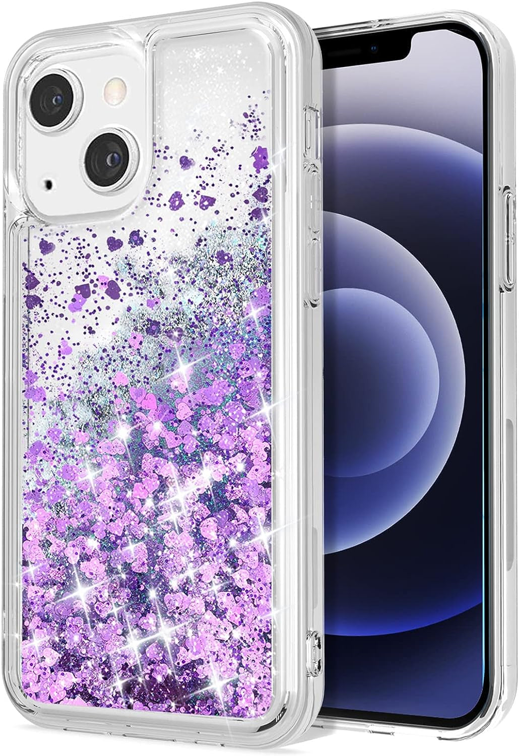 WORLDMOM Compatible with Iphone 13 Case,Clear Bling Flowing Liquid Floating Sparkle Colorful Glitter Waterfall TPU Protective Phone Case Compatible with Iphone 13 [6.1 Inch 2021], Silver  WORLDMOM Purple  