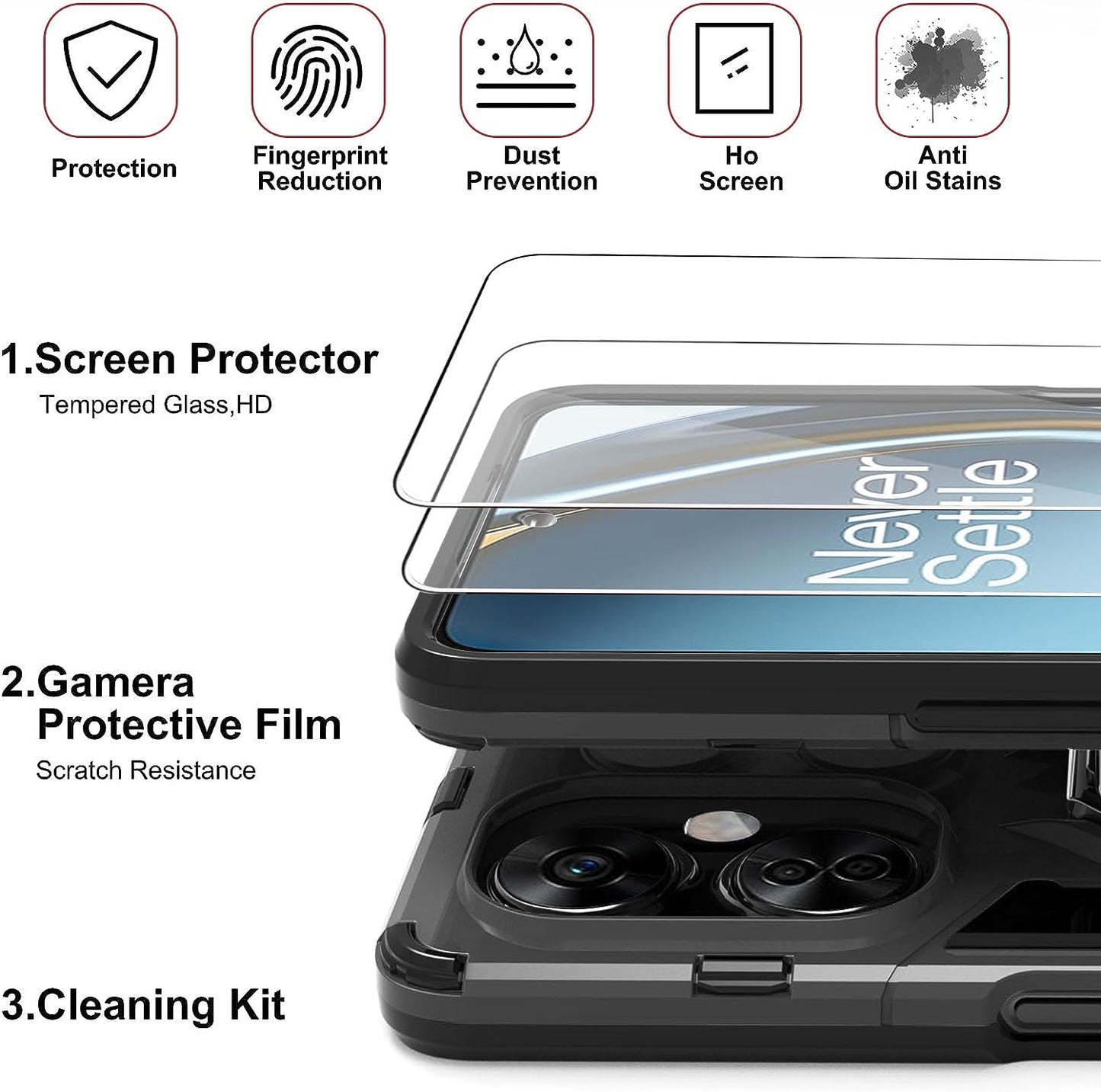 Jusy Oneplus Nord N30 5G Case with 2 Screen Protector, Protective Phone Cover with Kickstand, Ring and Magnetic Plate, Tempered Glass Protectors for 1+ Nord N30 5G(Black)  Jusy   