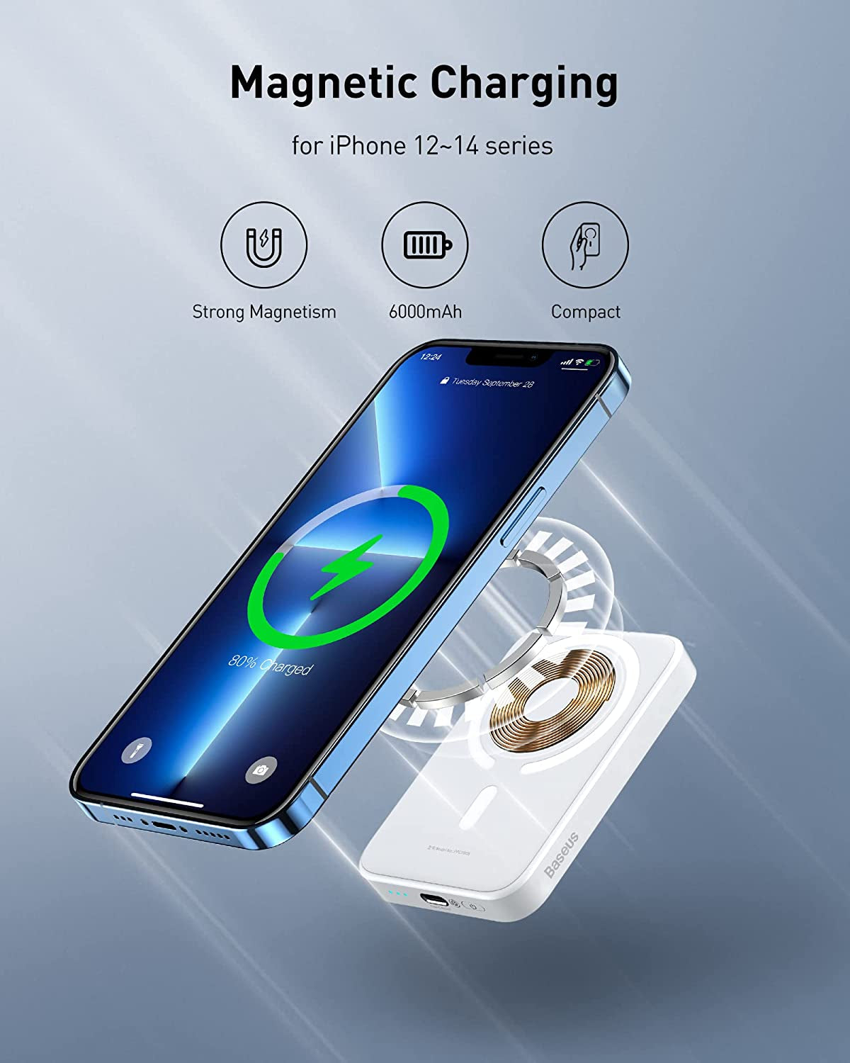 Baseus Magnetic Power Bank Battery Pack 6000Mah Wireless Portable Charger PD 20W with USB-C Cable, for Magsafe, for Iphone 14/13/12 Series, White  Baseus   