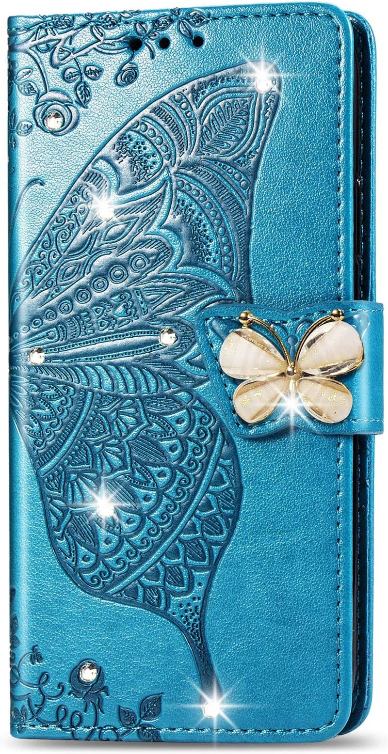 ZYZX LG G8 Thinq Wallet Case,3D Butterfly Flower LG G8 Thinq PU Leather Flip Phone Shell, with Credit Cards Slot and Stand Shockproof Magnetic Protective Cover-Hzd  ZYZX Rhinestone Blue  