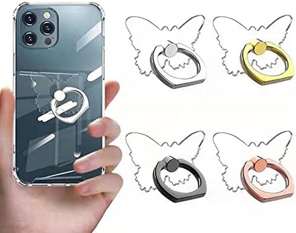 Vesmatity Colorful Cell Phone Ring Holder Stand 4 Pack Transparent Phone Ring Holder Clear Universal 360° Degree Rotation Finger Grip Ring Kickstand Compatible Various Mobile Phones or Phone Case  VESMATITY butterfly-black sliver gold Rose gold-  