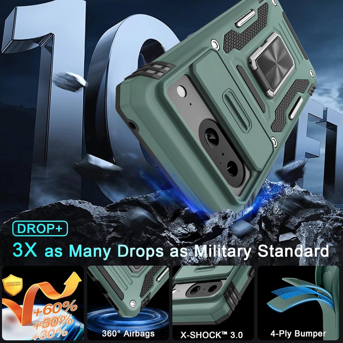 DEERLAMN for Google Pixel 8 Case with Slide Camera Cover+Screen Protector (1 Pack), Rotated Ring Kickstand Military Grade Shockproof Heavy Duty Protective Cover -Green  DEERLAMN   