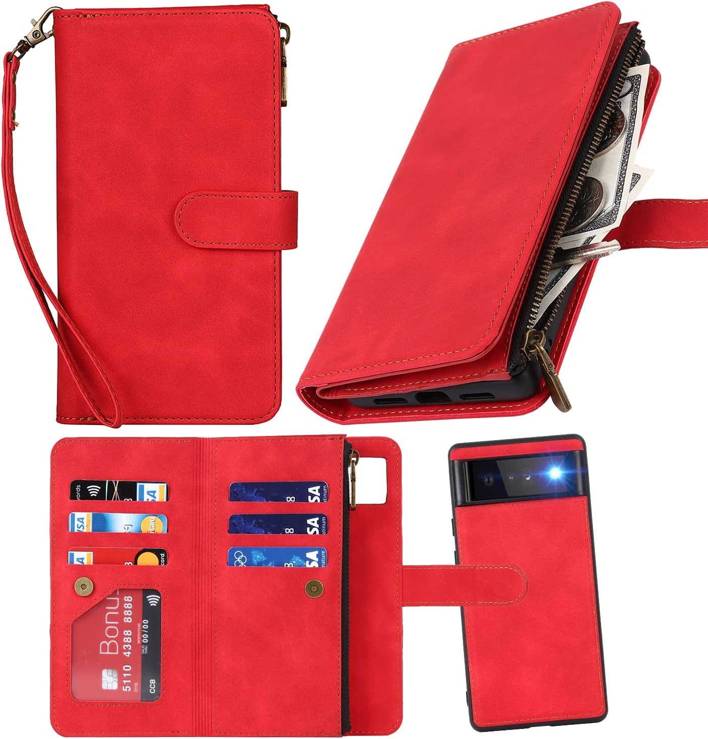 Ｈａｖａｙａ Google Pixel 6 Pro 5G 6.7" Case Zipper Wallet- with 6 Card Holder [RFID Blocking]- Detachable 2-In-1-Wristband Lanyard - for Women and Men-Wireless Charger Compatible Flip Folio Cover-Purple  Ｈａｖａｙａ 2In1 Red Wine For Google Pixel 6A 