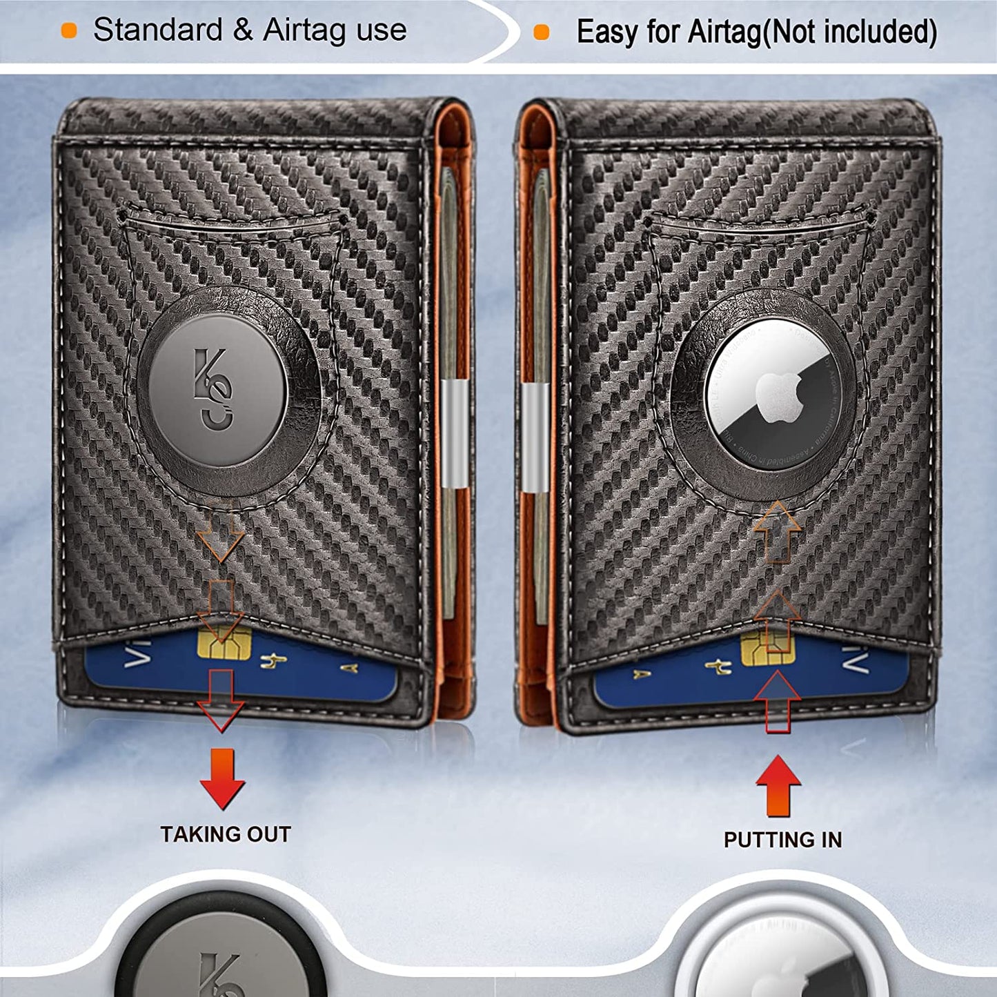 KEMISANT Mens Wallet for Airtag or Standard Use, Slim Front Pocket Wallet 11 Cards RFID Blocking,No Hole  KEMISANT   