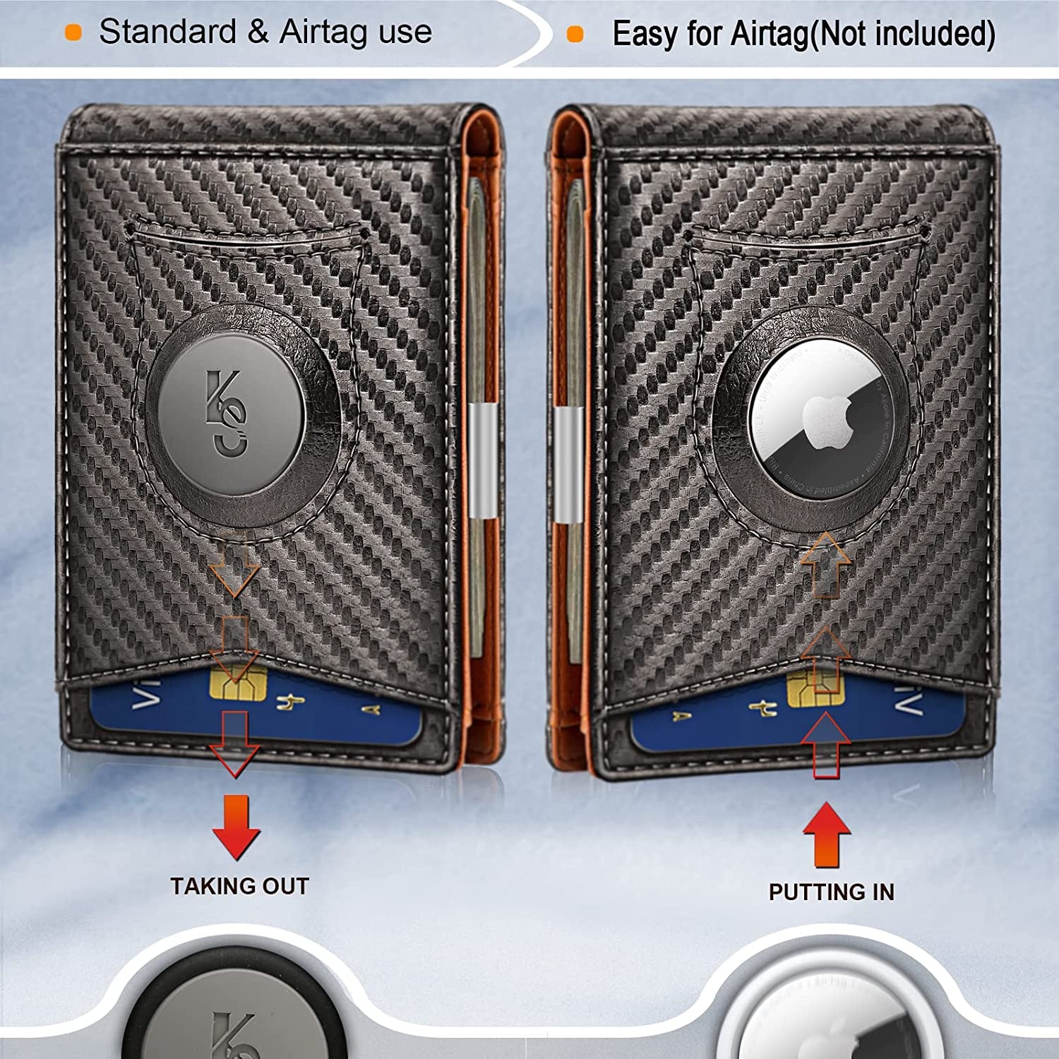 KEMISANT Mens Wallet for Airtag or Standard Use, Slim Front Pocket Wallet 11 Cards RFID Blocking,No Hole  KEMISANT   