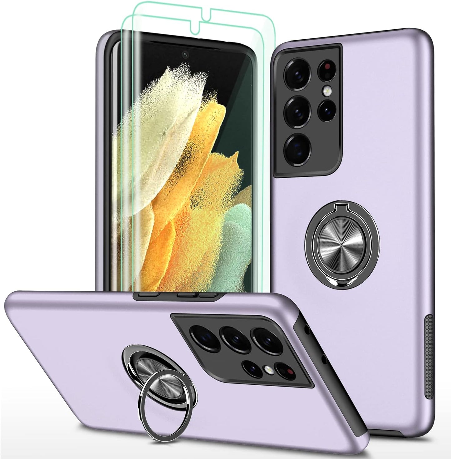 HONG-AMY for S21 Ultra Case, Samsung Galaxy S21 Ultra Case with Self Healing Flexible TPU Screen Protector[2 Pack], Military Grade Invisible Kickstand Phone Case for Galaxy S21 Ultra 5G-Green  HONG-AMY Purple  