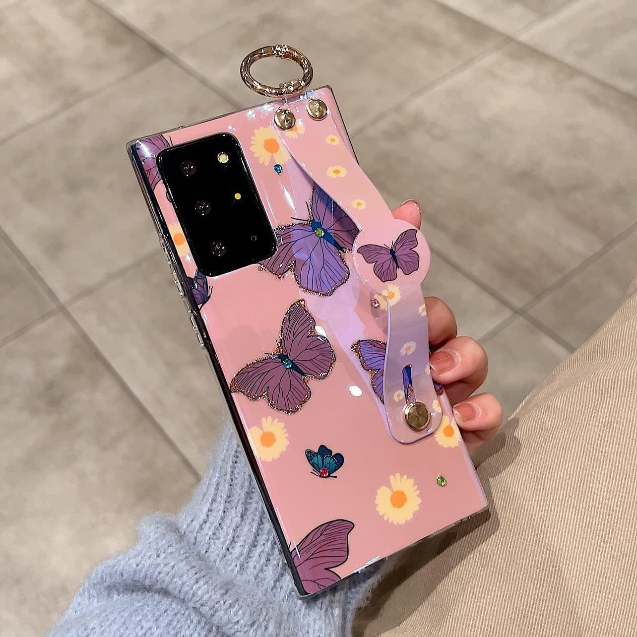Lastma for Samsung Galaxy Note 20 Ultra Case Cute with Wrist Strap Kickstand Case 5G Glitter Bling Cartoon IMD Soft TPU Shockproof Protective Phone Cases Cover for Girls and Women - Purple Butterfly  Lastma   