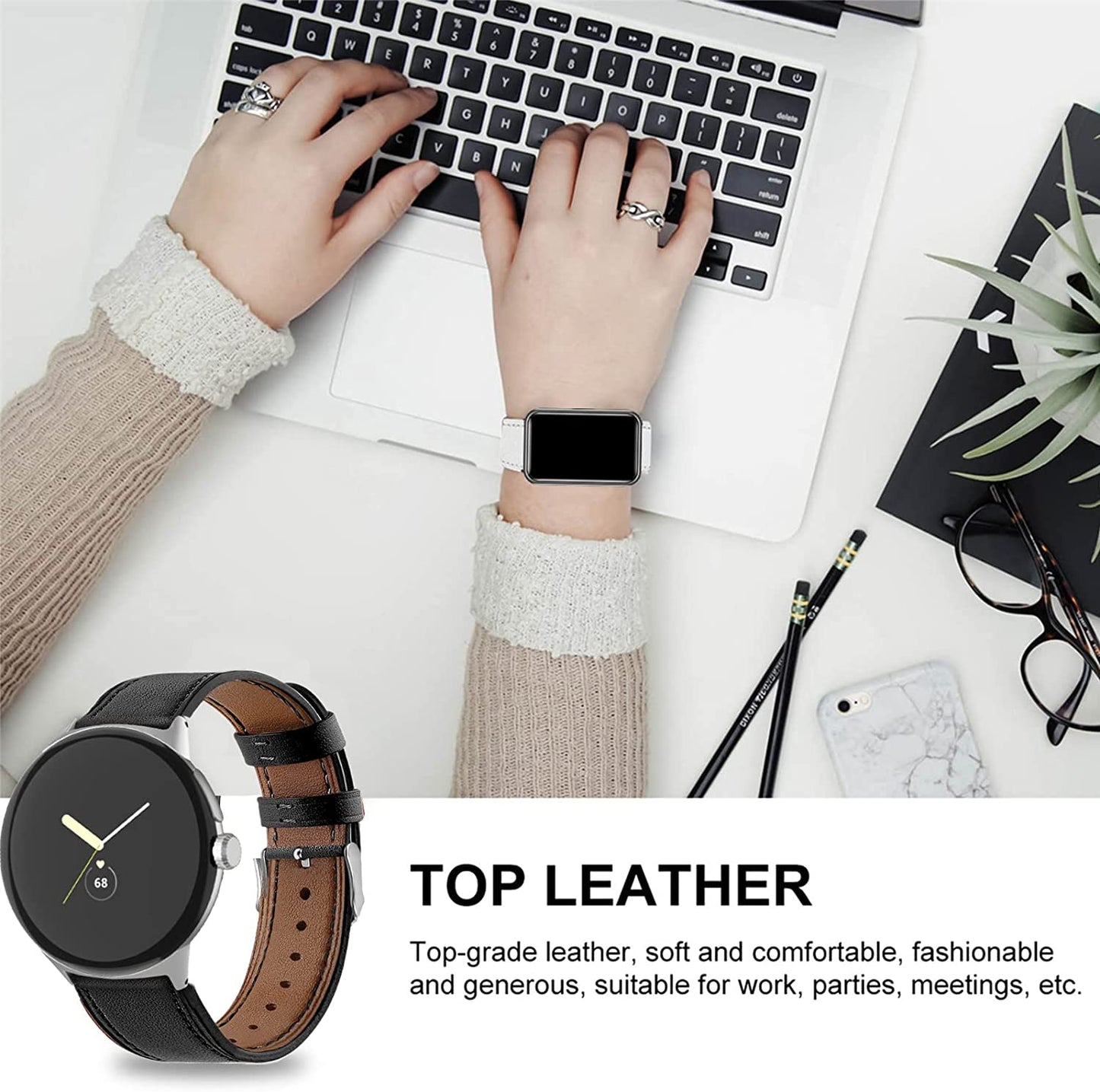 Leather Bands Compatible with Google Pixel Watch Band, Leather Replacement Band for Google Pixel Watch for Women & Men (D)  hunmansaf   