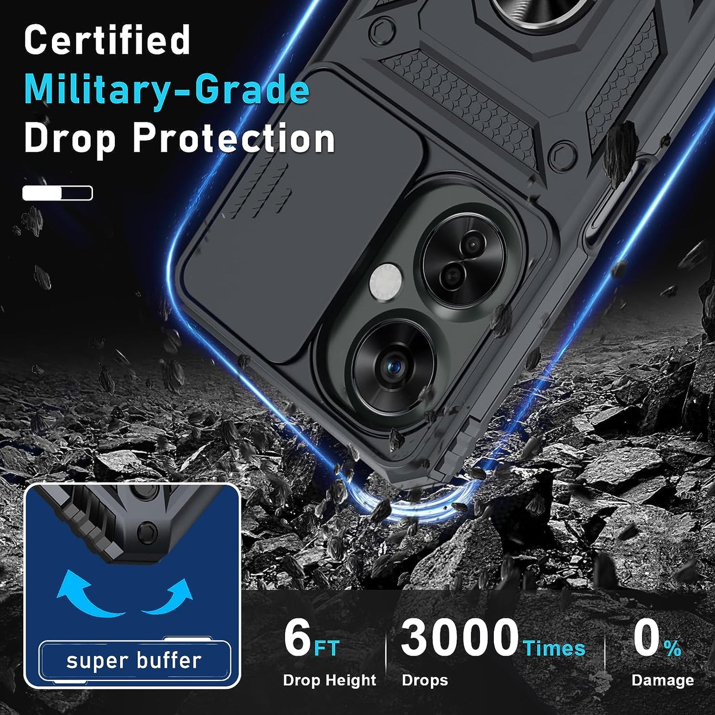 Janmitta Oneplus Nord N30 5G Case Built in Slide Camera Lens Cover+Screen Protector+Finger Ring Holder Kickstand,Heavy Duty Shockproof Full Body Protective Phone Cover,2023 Black  Janmitta   