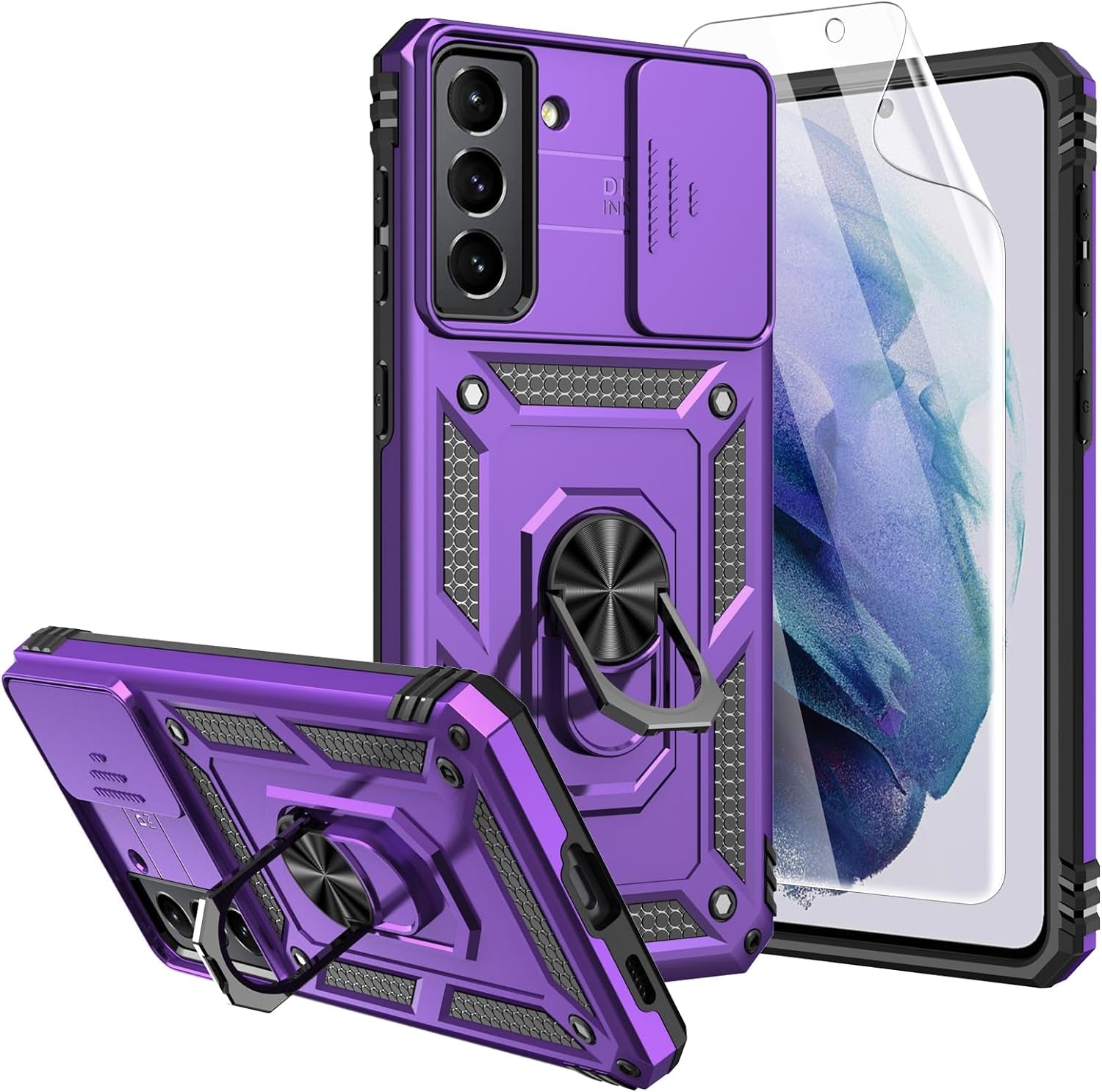 For S21 Case,Galaxy S21 Case,With Screen Protectors and Camera Cover,[Military Grade] 16Ft.Drop Tested Cover with Magnetic Kickstand Protective Case for Samsung Galaxy S21, Purple  SKMY   