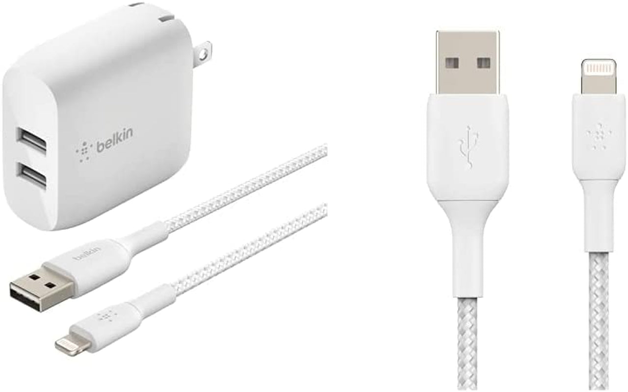 Belkin 24W Dual Port USB Wall Charger - Iphone Fast Charging - USB Charging Block for Power Bank, Iphone 14, Iphone13, Iphone 12, Iphone 11, Ipad Pro, Samsung & More, Iphone Cable Not Included  Belkin Includes Braided Lightning Cable Charger + Cable, 6.5ft/2m, White 