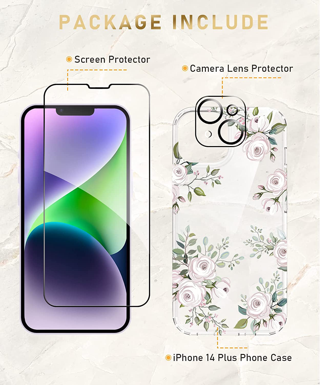 MIODIK Compatible with Iphone 14 Case with Screen Protector + Camera Lens Protector, [Anti-Yellow] Clear Floral Phone Case, Protective Shockproof Cover for Women Girls 6.1 Inch - Camellia/Ivory  MIODIK   