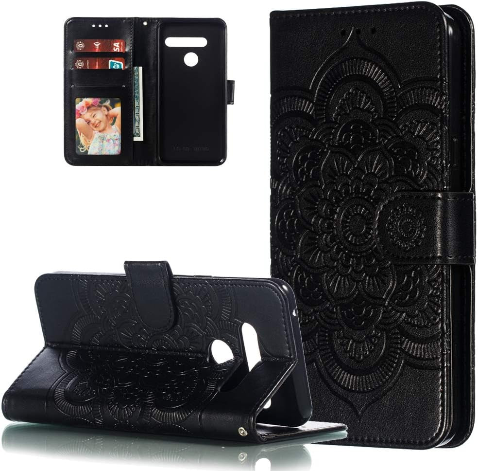HMTECHUS LG G8 Thinq Case Embossing Durable Shell Card Slots Holder Luxury PU Leather Wallet Bookstyle Magnetic Stand Shockproof Protection Flip Cover for LG G8 / G8S / G8 Thinq Mandala Gray LD  HMTECHUS Ld] Mandala:Black  
