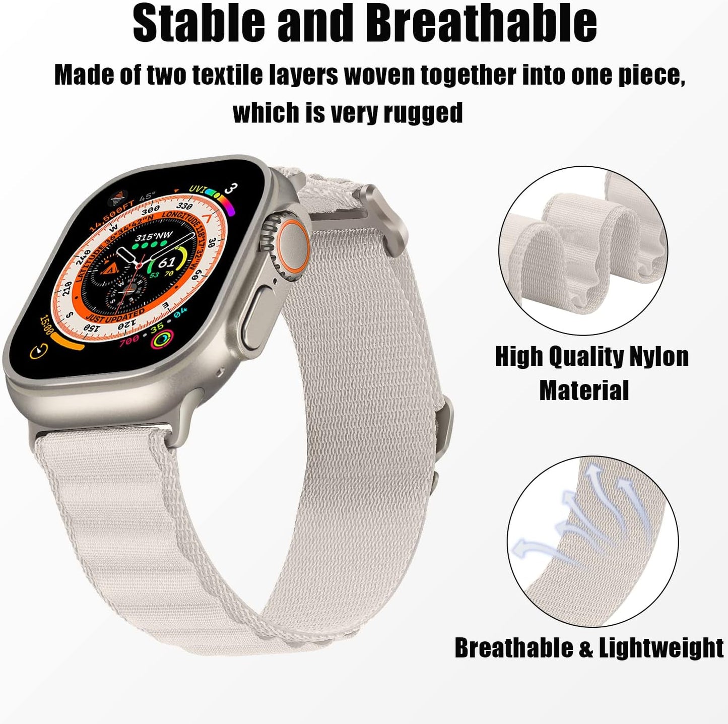 HITZEE Compatible with Apple Watch Band 49Mm 45Mm 44Mm 42Mm, Nylon Braided Loop Bands Adjustable Sport Strap Designed for Apple Watch Ultra Series 8 7 SE 6 5 4 3 2 1, Starlight, L  HITZEE   