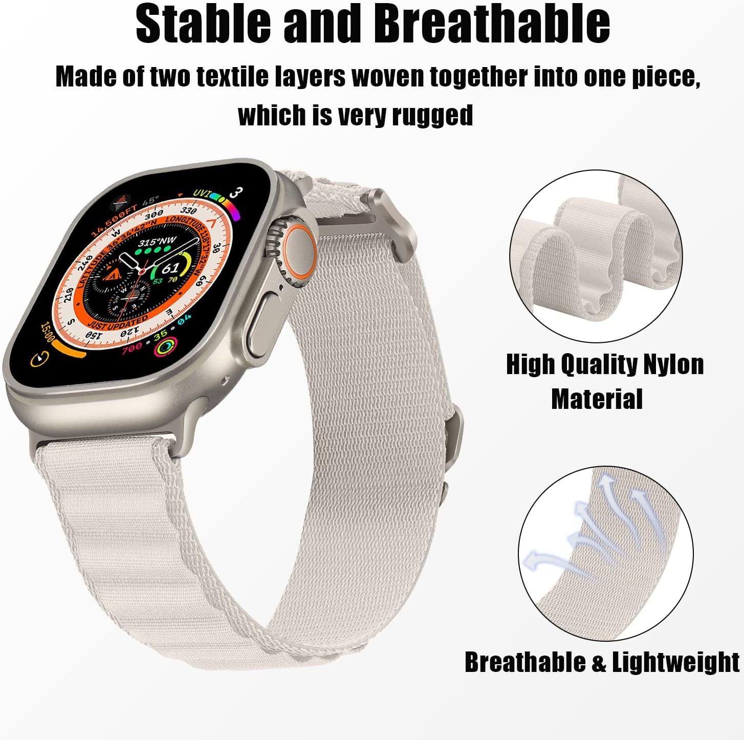 HITZEE Compatible with Apple Watch Band 49Mm 45Mm 44Mm 42Mm, Nylon Braided Loop Bands Adjustable Sport Strap Designed for Apple Watch Ultra Series 8 7 SE 6 5 4 3 2 1, Starlight, L  HITZEE   