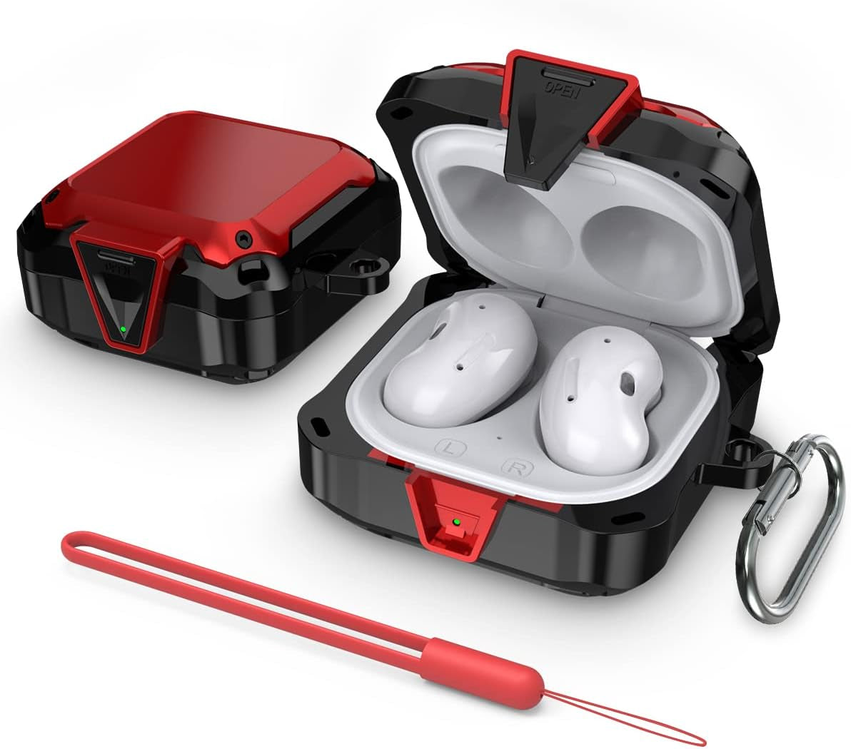 [With Lock] Case for Samsung Galaxy Buds Live Case/Galaxy Buds 2 Case/Galaxy Buds Pro Case, Security Lock Case Hard PC+TPU Protective Cover for Samsung Galaxy Buds 2 Case with Keychain & Strap (Blue)  Woocon Red  