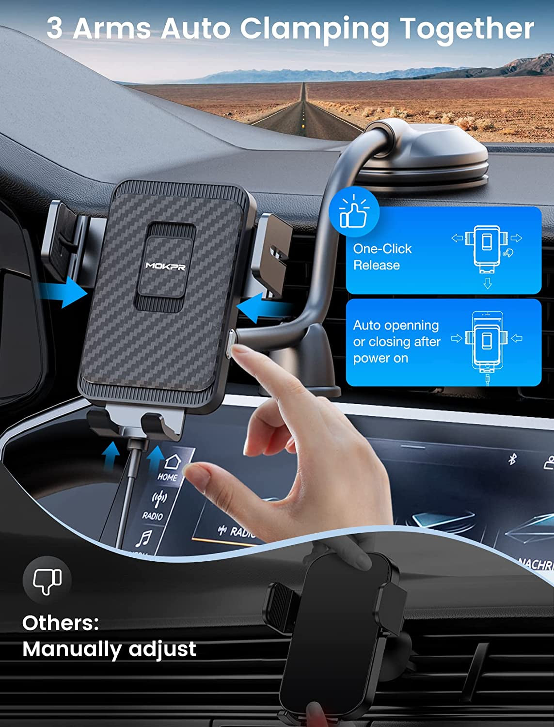 Wireless Car Charger, MOKPR 15W Fast Charging Car Mount Auto-Clamping Car Charger, Dashboard Windshield Phone Holder Compatible with Iphone 14/13/13 Pro/12 Pro/12/11/X/8, Samsung S23/S22/S10/S9/S8  MOKPR   