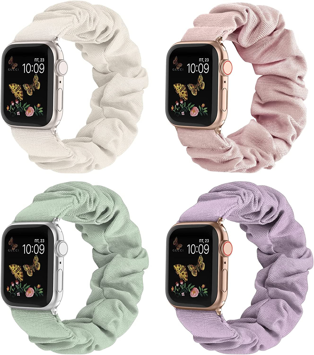 Recoppa Compatible for Apple Watch Band Scrunchie 38Mm 40Mm 41Mm 42Mm 44Mm 45Mm Cute Printed Elastic Solo Loop Bands Women Bracelet Strap for Iwatch Series 8 7 6 5 4 3 2 1 SE, 4 Packs  Recoppa Pink/Green/Starlight/Lavender 42mm/44mm/45mm-Small 