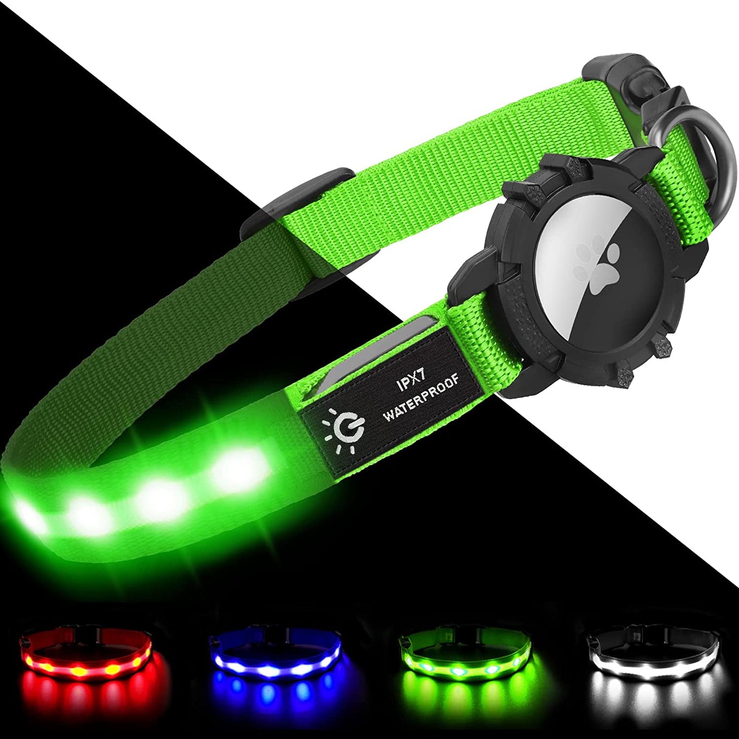 Joytale LED Airtag Dog Collar[100% IPX7 Waterproof], Light up Night Safety Pet Collars for Air Tag, USB C Rechargeable Lighted Glow Nylon Collar with Airtag Holder Case for Large Dogs, Red  Joytale Green Small (11"- 16") 