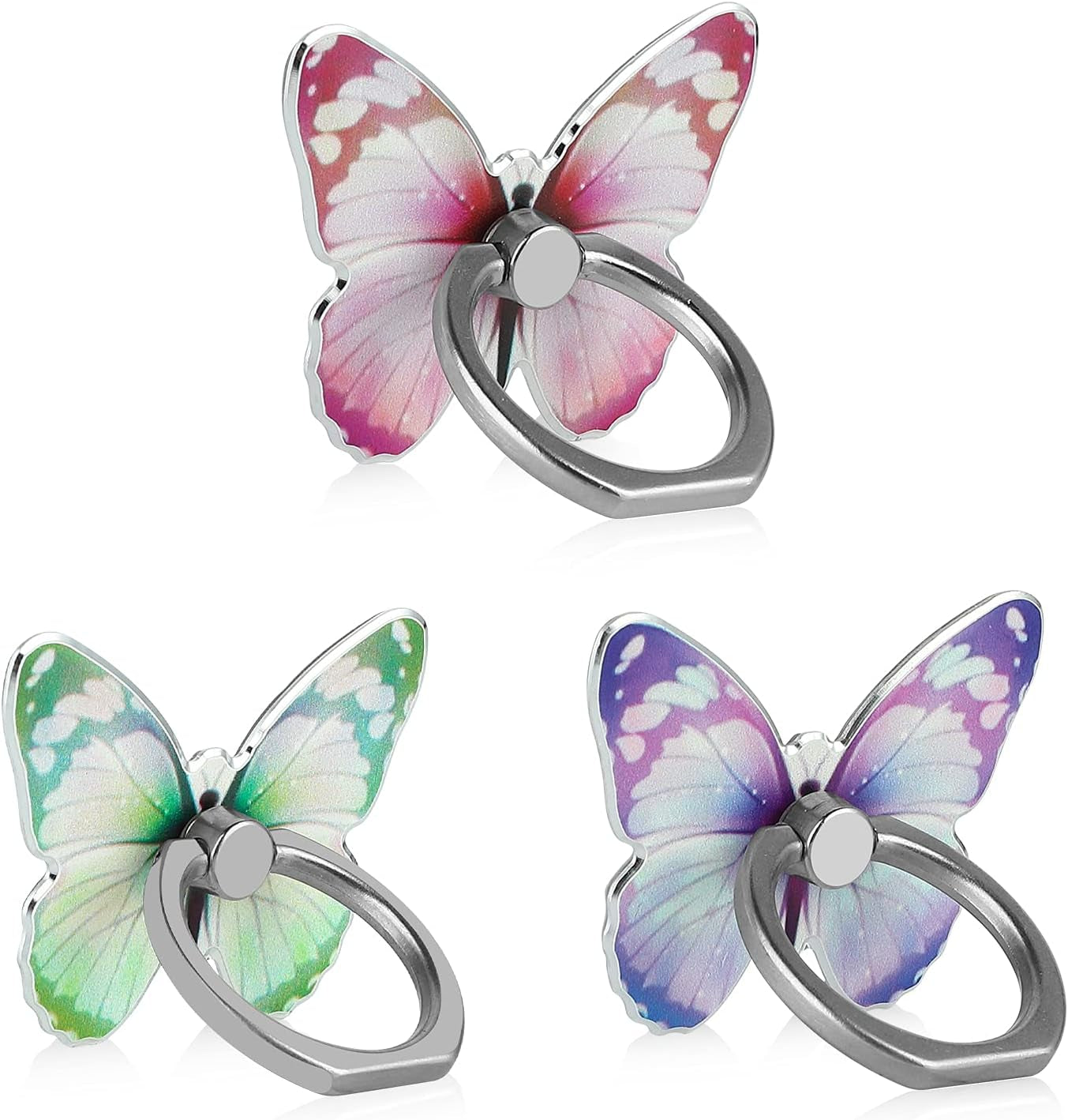 LSL Cute Butterfly Cell Phone Ring Holder 360°Rotation Metal Finger Stand Kickstand Universal Compatible with Iphone Samsung Galaxy LG Google Pixel Ipad Three Pack Pink Blue Purple Pretty Butterfly  LSL Green Pink Purple  