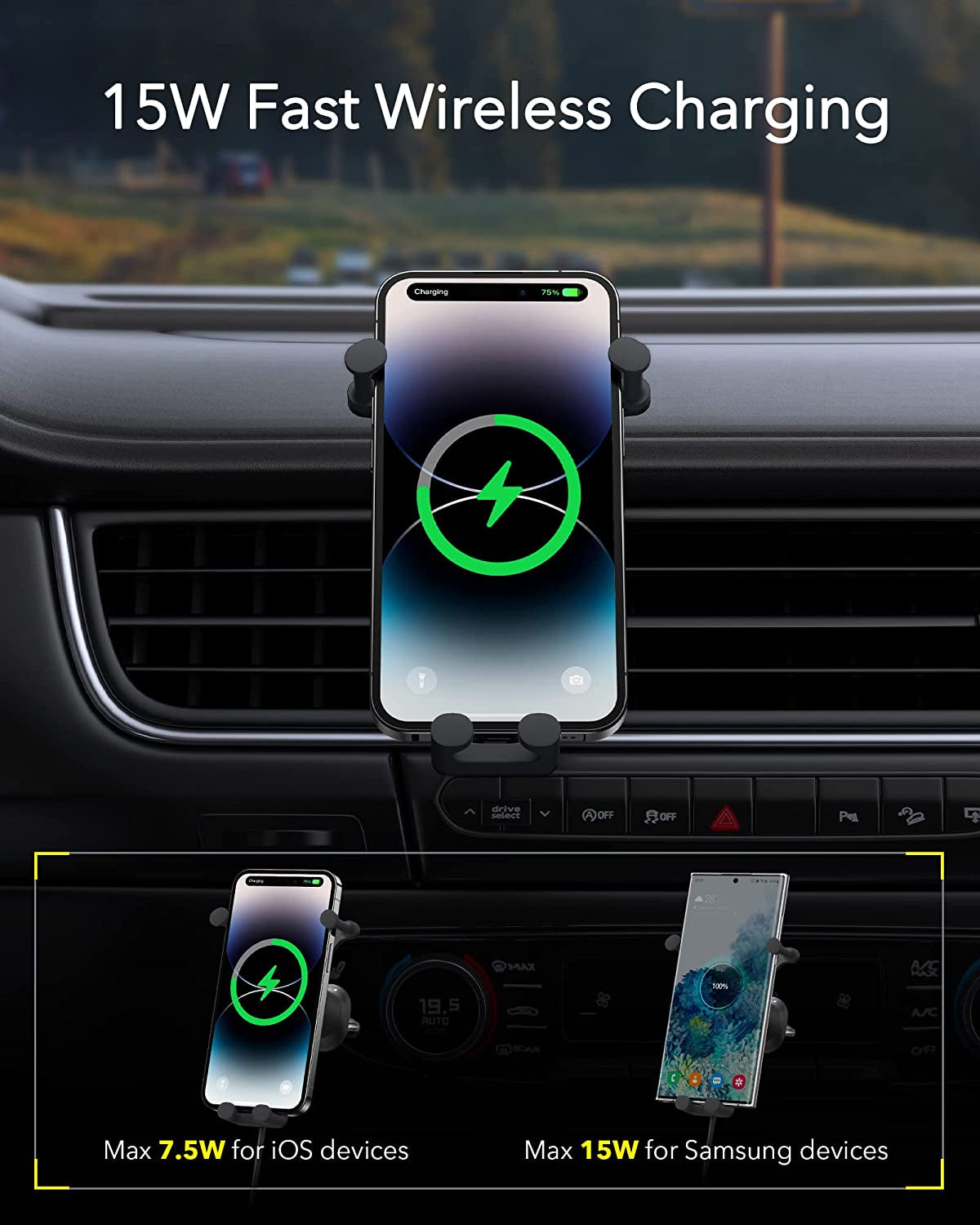 Wireless Car Charger, Baseus 15W Fast Charging Phone Mount for Car Vent, Car Phone Holder with Enlarged Charging Coil for Iphone 14 13 12 11 10 8 Pro Max Xs, Samsung Galaxy S&Note Series Google LG Etc  Baseus   