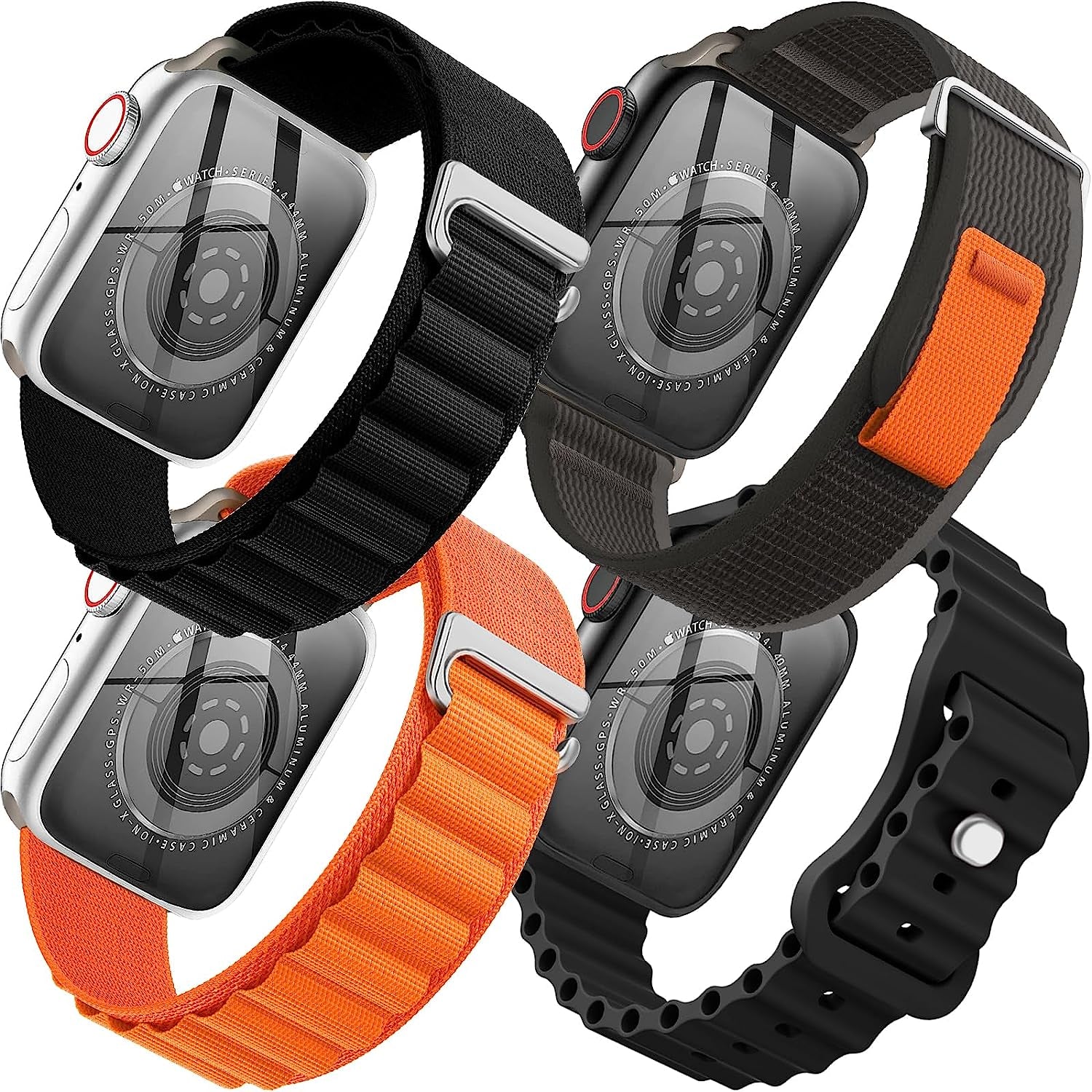 4 Pack Alpine Trail Loop Ocean Band Compatible with Apple Watch Band 49Mm 45Mm 44Mm 42Mm Women Men,Adjustable with Sport Strap for Iwatch Ultra Series 8/7/6/5/4/3/2/1/Se,A-Black/Orange/T-Black/O-Black  FnKer   