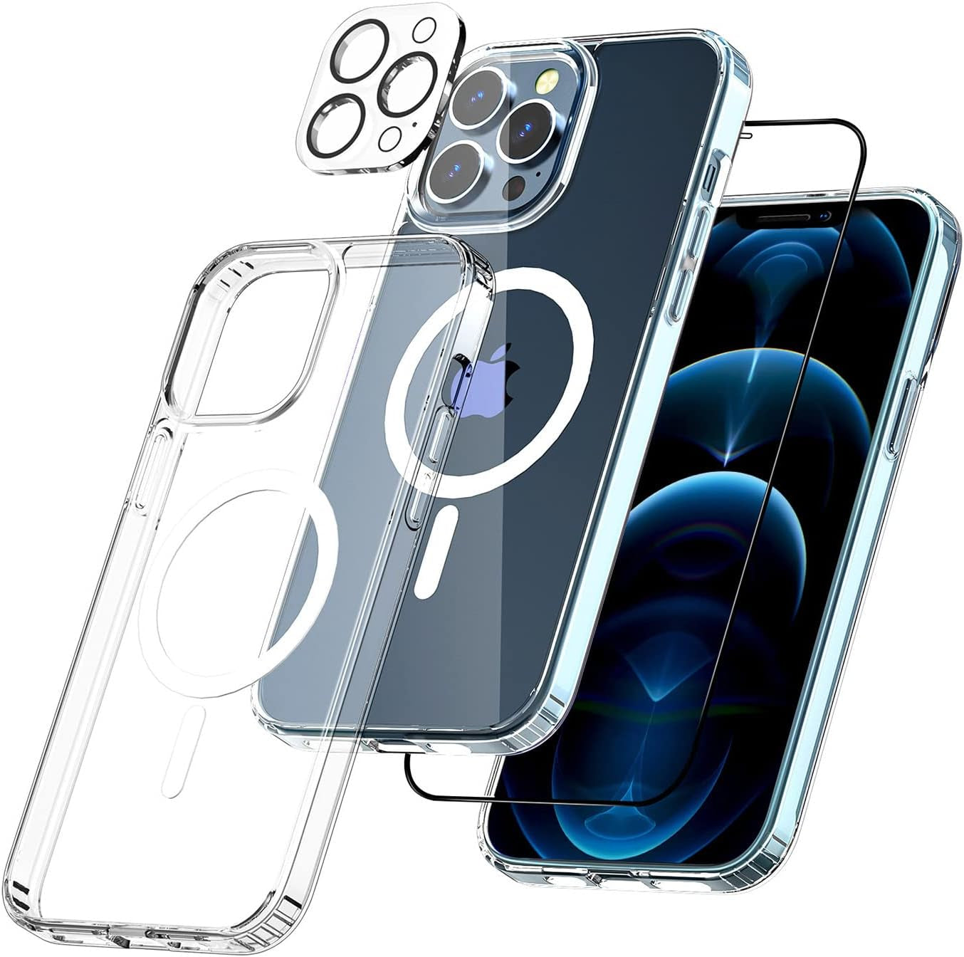 BOTOER [5 in 1 for Iphone 12 Case/Iphone 12 Pro Case,With 2 Pack Screen Protector + 2 Pack Camera Lens Protector, Ultra Thin Scratch Resistant Drop Mag-Safe Phone Case for Iphone 12/12 Pro,Blue A  BOTOER A-Crystal Clear Iphone 12/12 Pro 