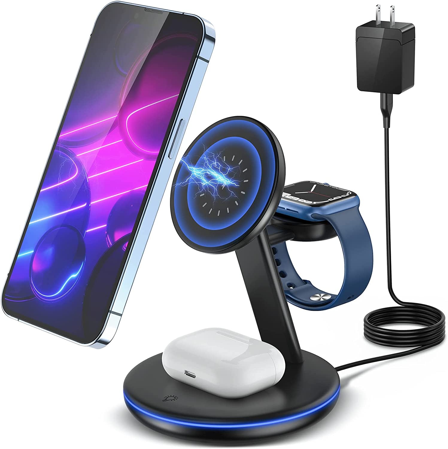 Magnetic Wireless Charging Station for Apple Series, 3-In-1 Standard 15W Fast Mag-Safe Charger Stand with QC3.0 Adapter, for Iphone 14,13,12 Pro Max/Pro/Mini/Plus, Iwatch Ultra/8/7/6/5/4/3/2, Airpods…  Pilita DongGuanShi WeizhiChuang Technology Co, Ltd   