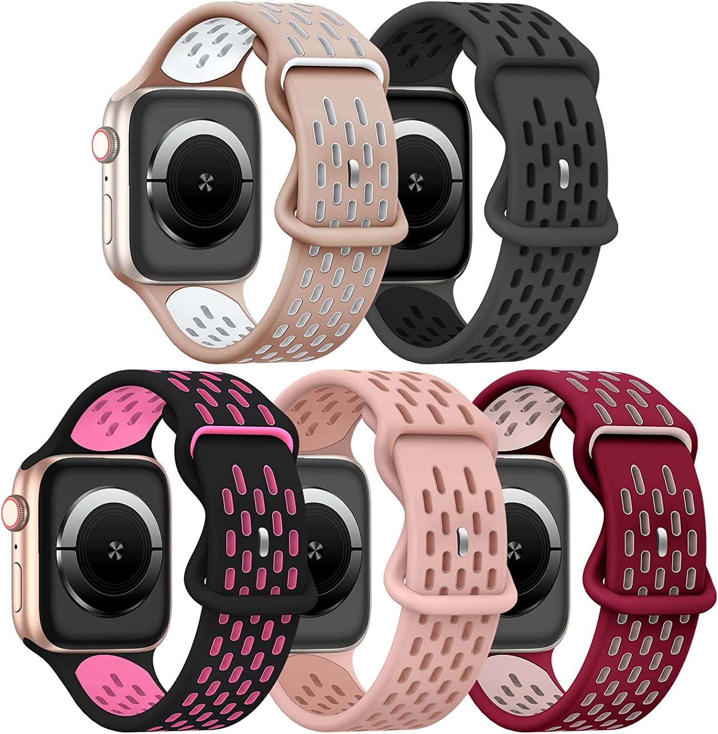 TSAAGAN 5 Pack Sport Silicone Bands Compatible for Apple Watch Band 49Mm 41Mm 45Mm 40Mm 44Mm 38Mm 42Mm, Breathable Strap Replacement Wristband for Iwatch Ultra Series 8/7/SE/6/5/4/3/2/1 Women & Men  TSAAGAN Milktea White/Anthracite Black/Black Hotpink/Pinkoxford Rose/Winered Pink 42/44/45/49mm 