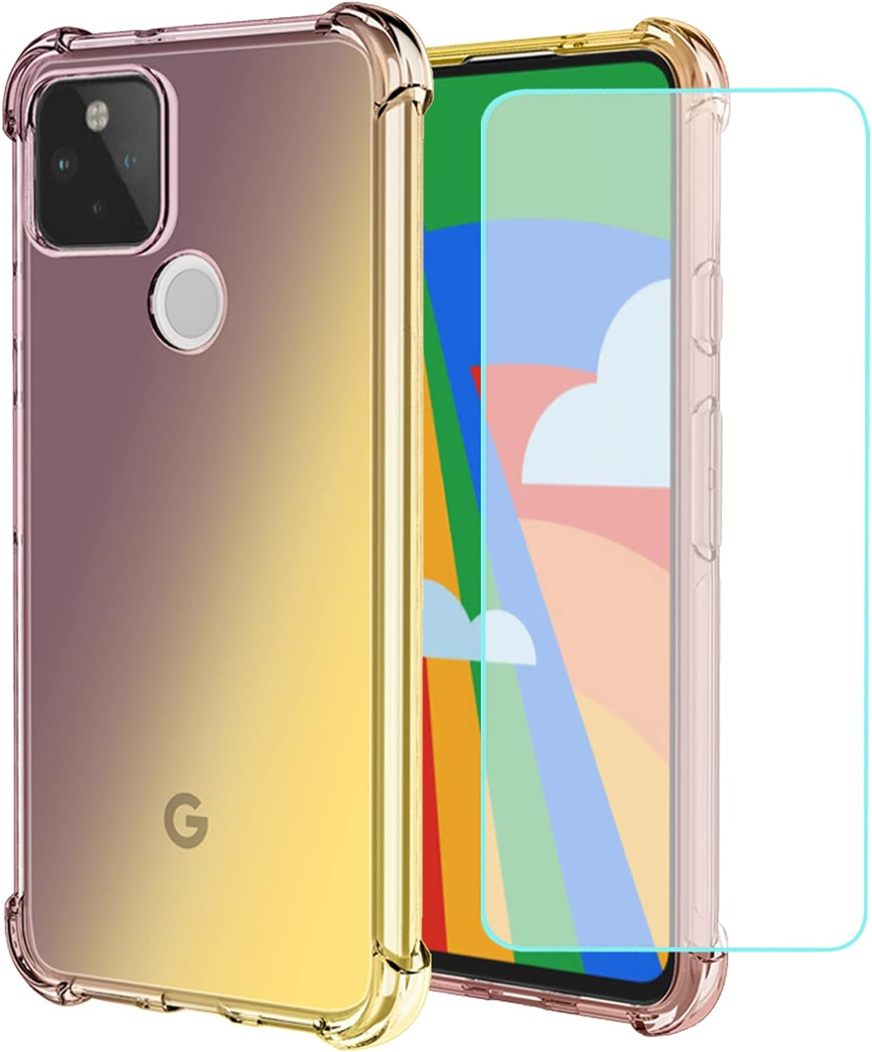 Vokuha for Google Pixel 5 Case with Tempered Glass Screen Protector, Cute Clear Gradient Slim Shockproof TPU Back Phone Protective Cover for Google Pixel 5 Case (Black/Gold)  Vokuha   